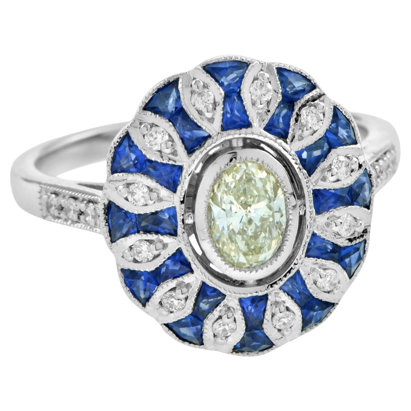 Warm Oval Diamond & Blue Sapphire Art Deco Style Floral 14K White Gold Ring