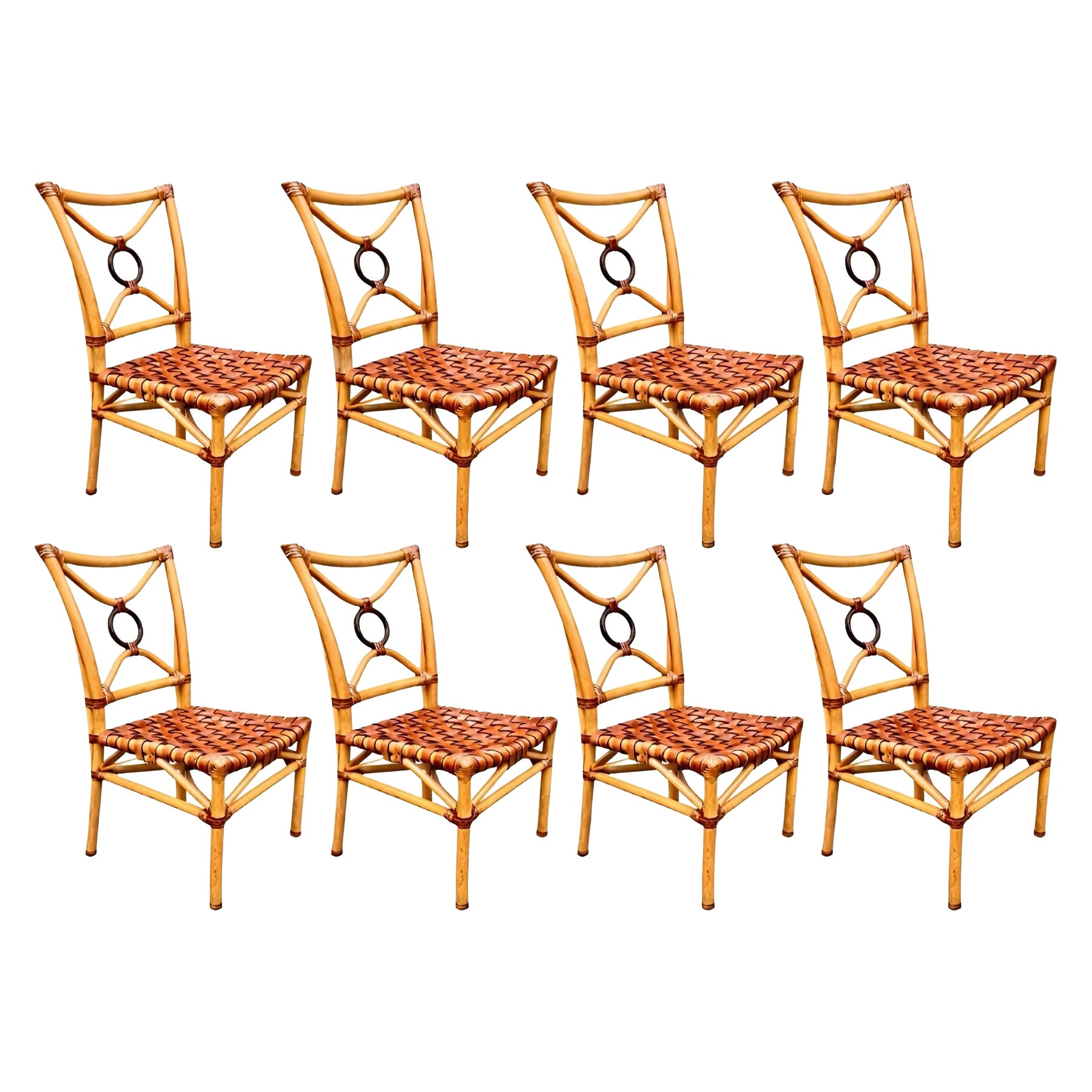 Warmes 8er-Set Esstischstühle aus honigfarbenem Bambus und karamellfarbenem Leder von McGuire im Angebot