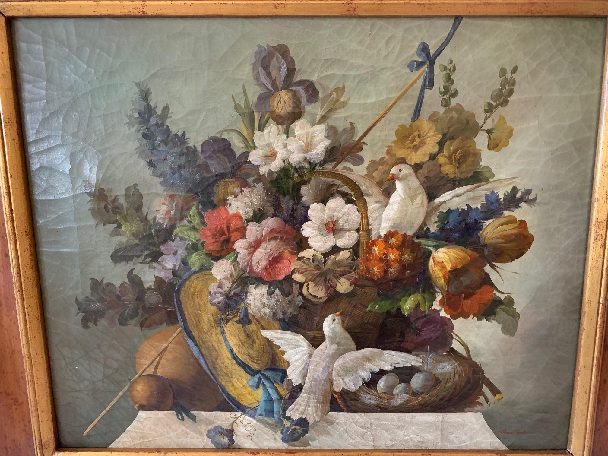 A striking warmly toned still life of flowers and white doves with wonderful craquelure surface and beautiful 5.5 inch wide oak frame with gilded interior around the painting.
Signed Trever S?
 