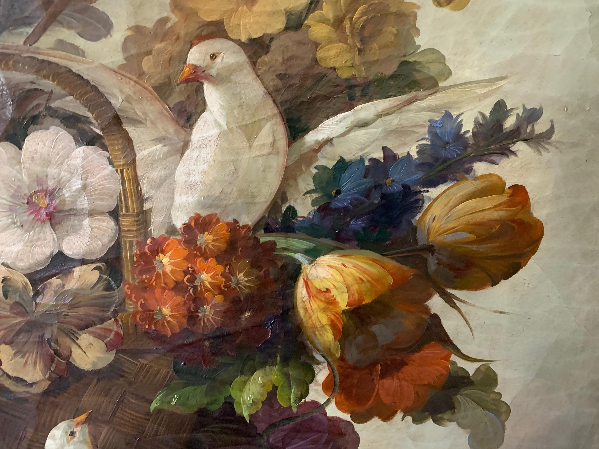 Warm Still Life of Flower and Doves in Amazing Oak Frame In Good Condition For Sale In Hopewell, NJ
