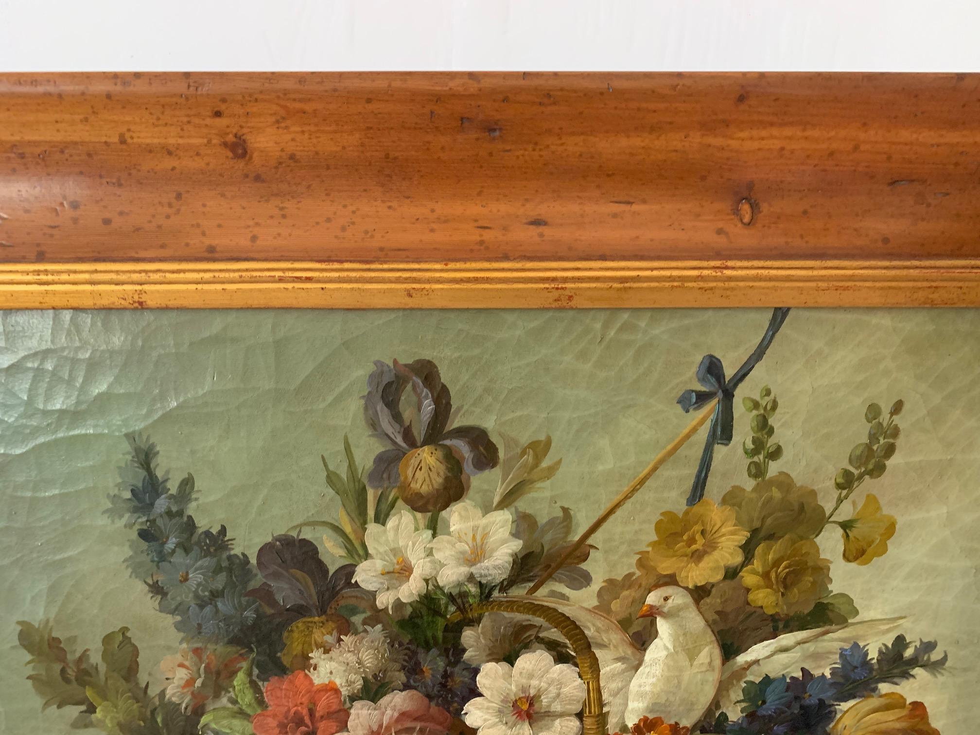 Warm Still Life of Flower and Doves in Amazing Oak Frame For Sale 1