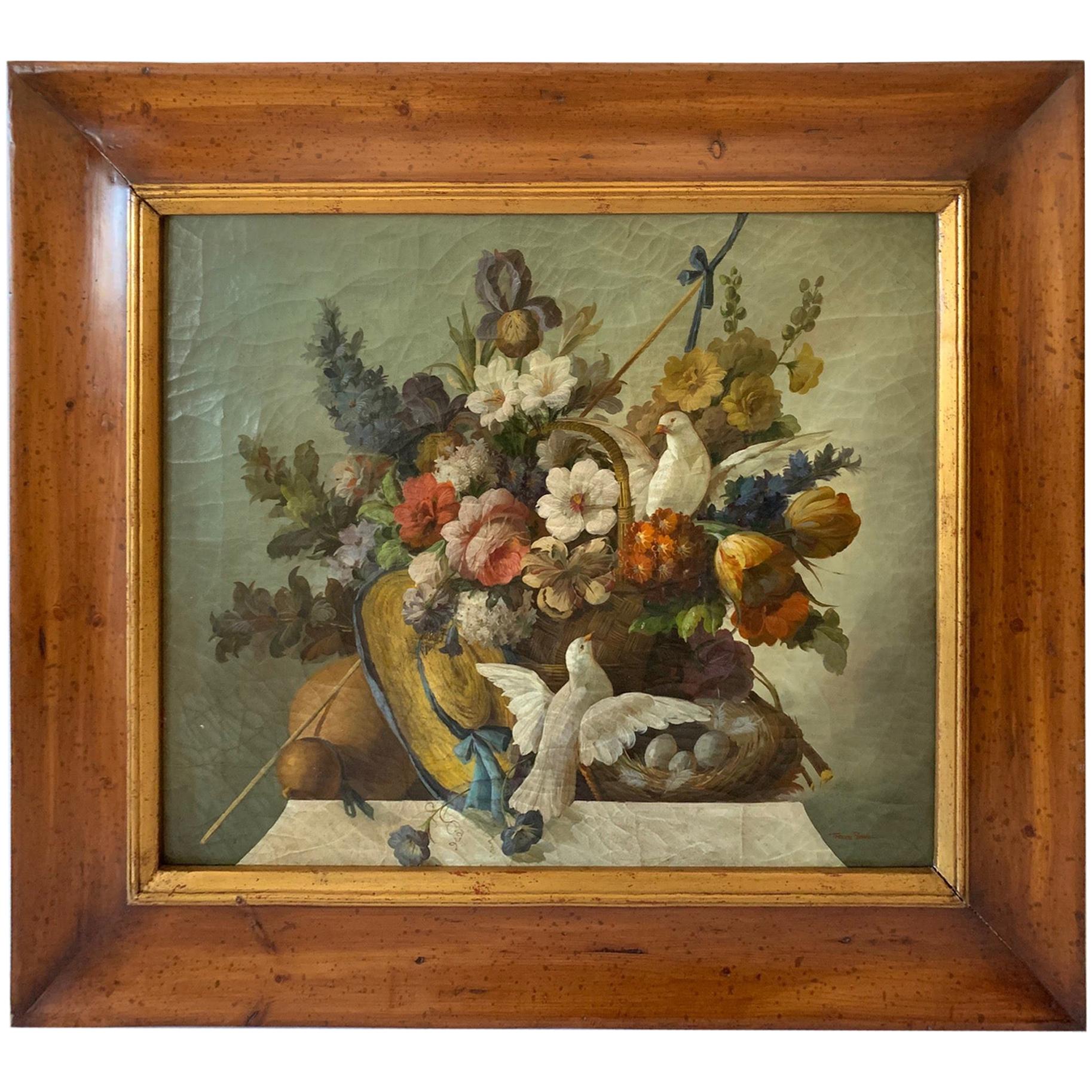 Warm Still Life of Flower and Doves in Amazing Oak Frame For Sale