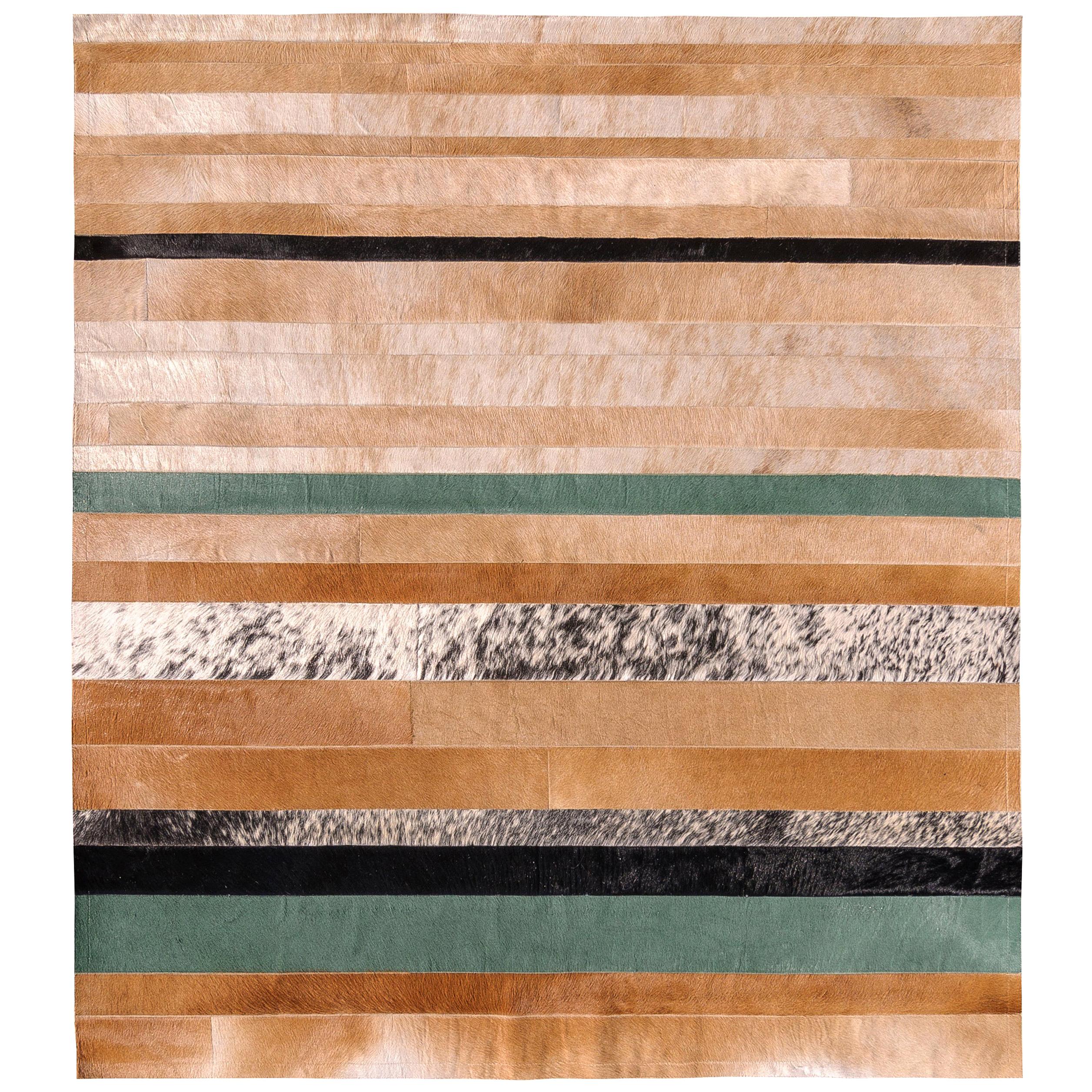 Natural brown, black and green striped Division Cowhide Area Floor Rug Large