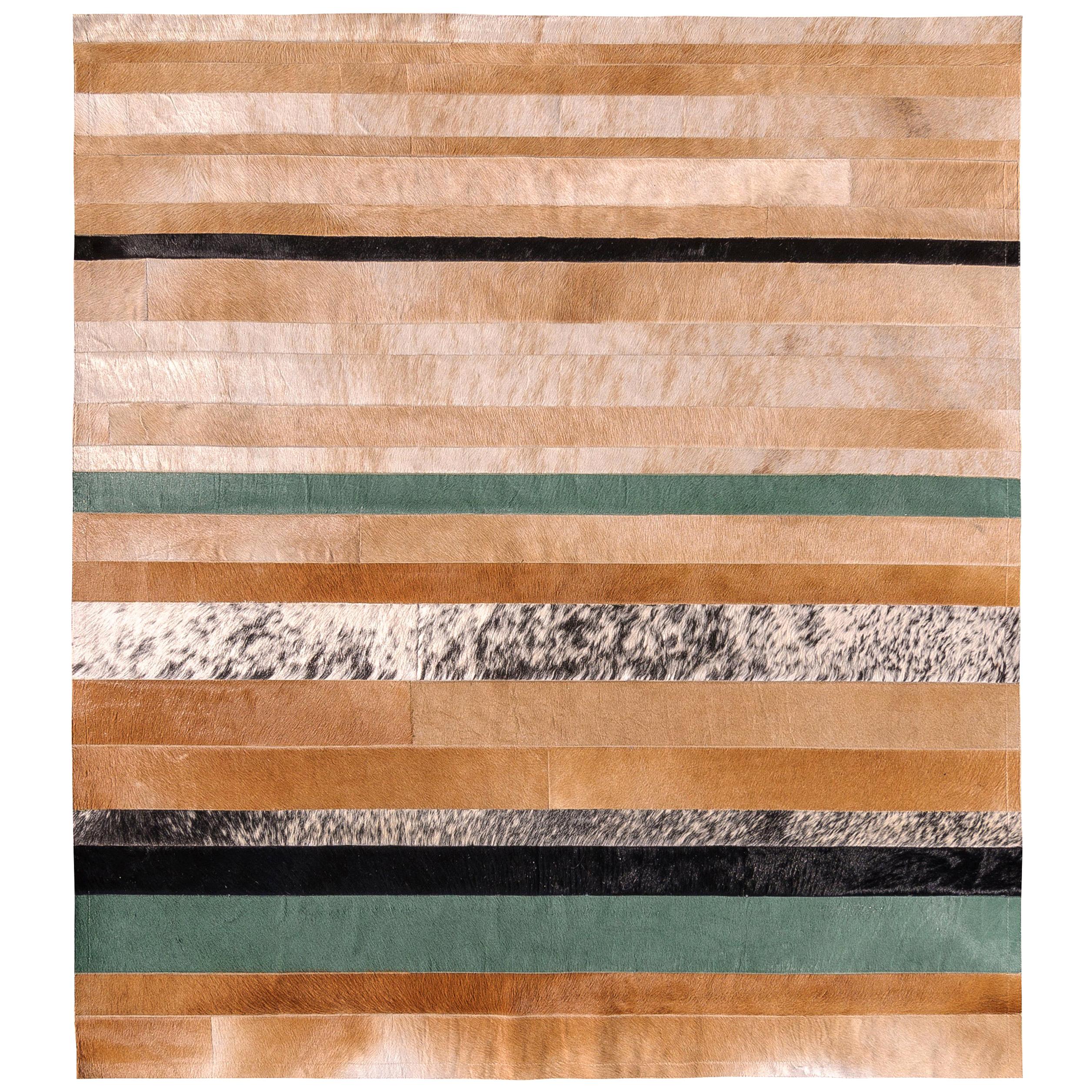 Natural brown, black and green striped Division Cowhide Area Floor Rug Large  For Sale