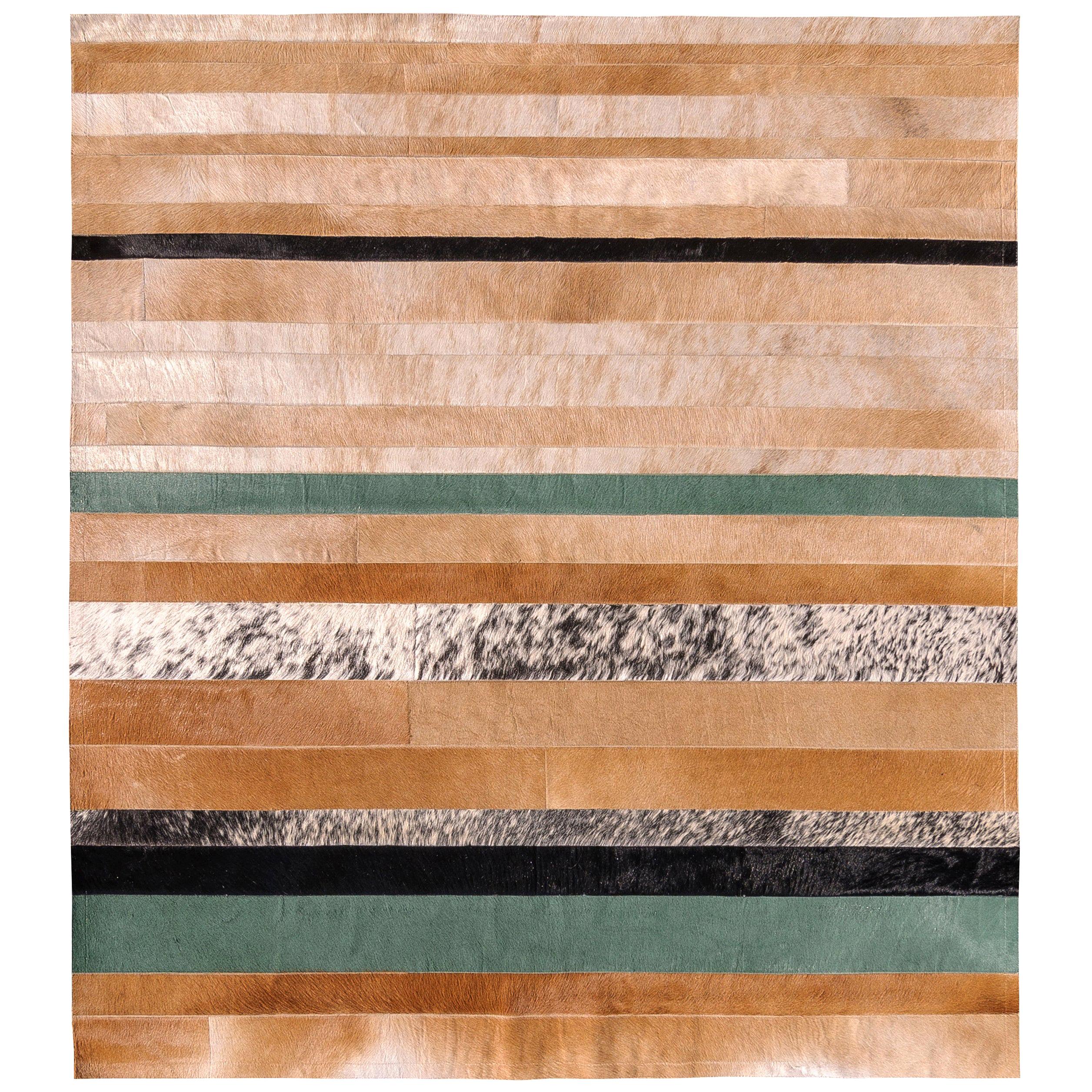 Natural brown, black and green striped Division Cowhide Area Floor Rug Medium  For Sale