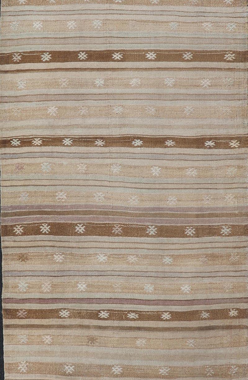 Tessuto a mano Runner Kilim turco vintage a strisce beige e marroni dai toni caldi 3'2 x 9'8 in vendita