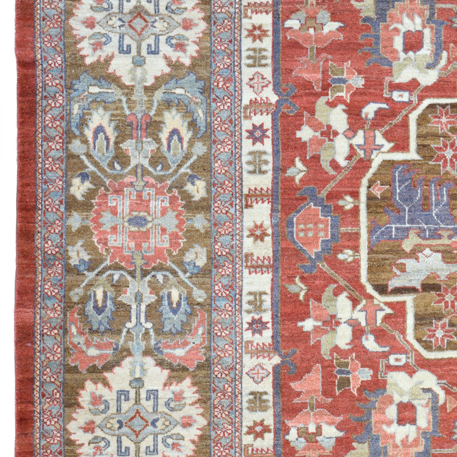 Wool Transitional Heriz Rug, Red, Blue and Cream, 8’ x 10’ For Sale 3