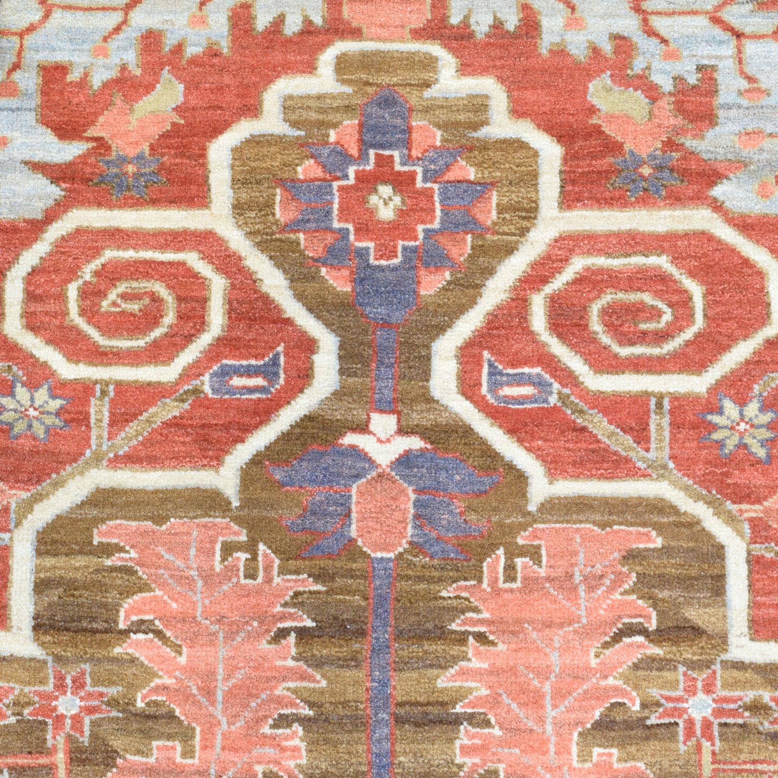 Heriz Serapi Wool Transitional Heriz Rug, Red, Blue and Cream, Hand-Knotted, 8’ x 10’ For Sale