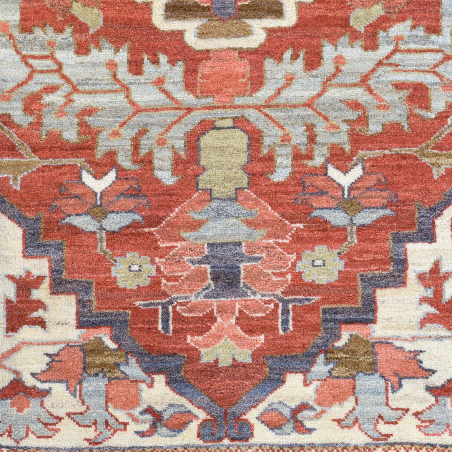 Persian Wool Transitional Heriz Rug, Red, Blue and Cream, Hand-Knotted, 8’ x 10’ For Sale