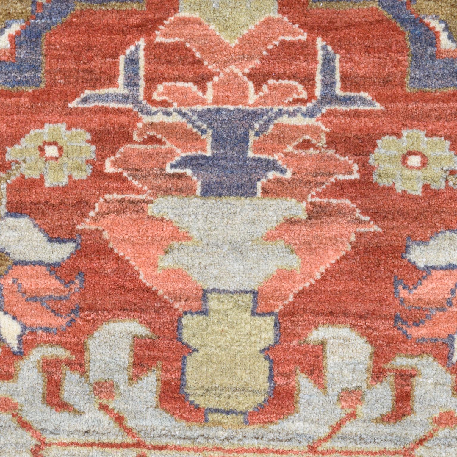 Hand-Knotted Wool Transitional Heriz Rug, Red, Blue and Cream, 8’ x 10’ For Sale