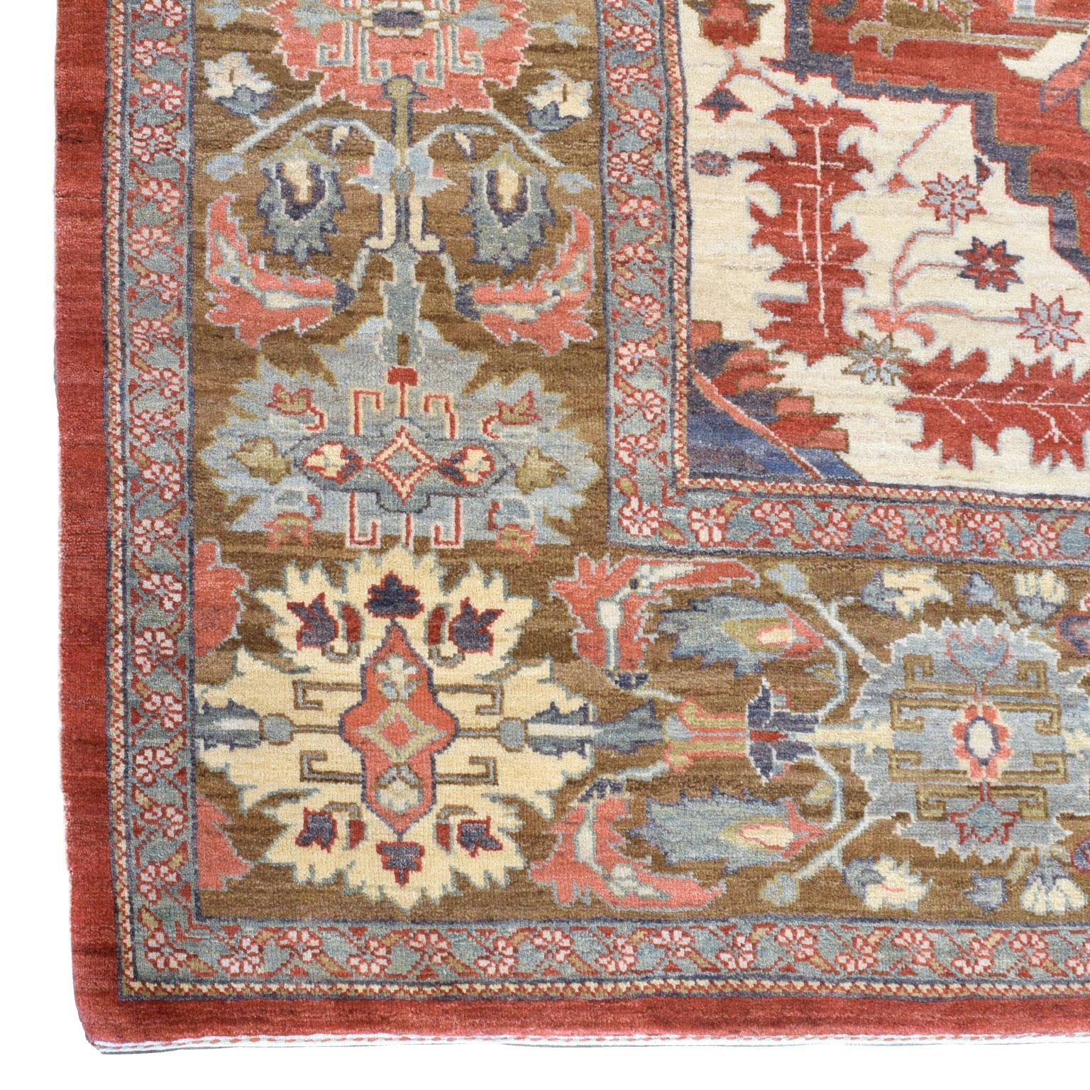 Wool Transitional Heriz Rug, Red, Blue and Cream, Hand-Knotted, 8’ x 10’ For Sale 1