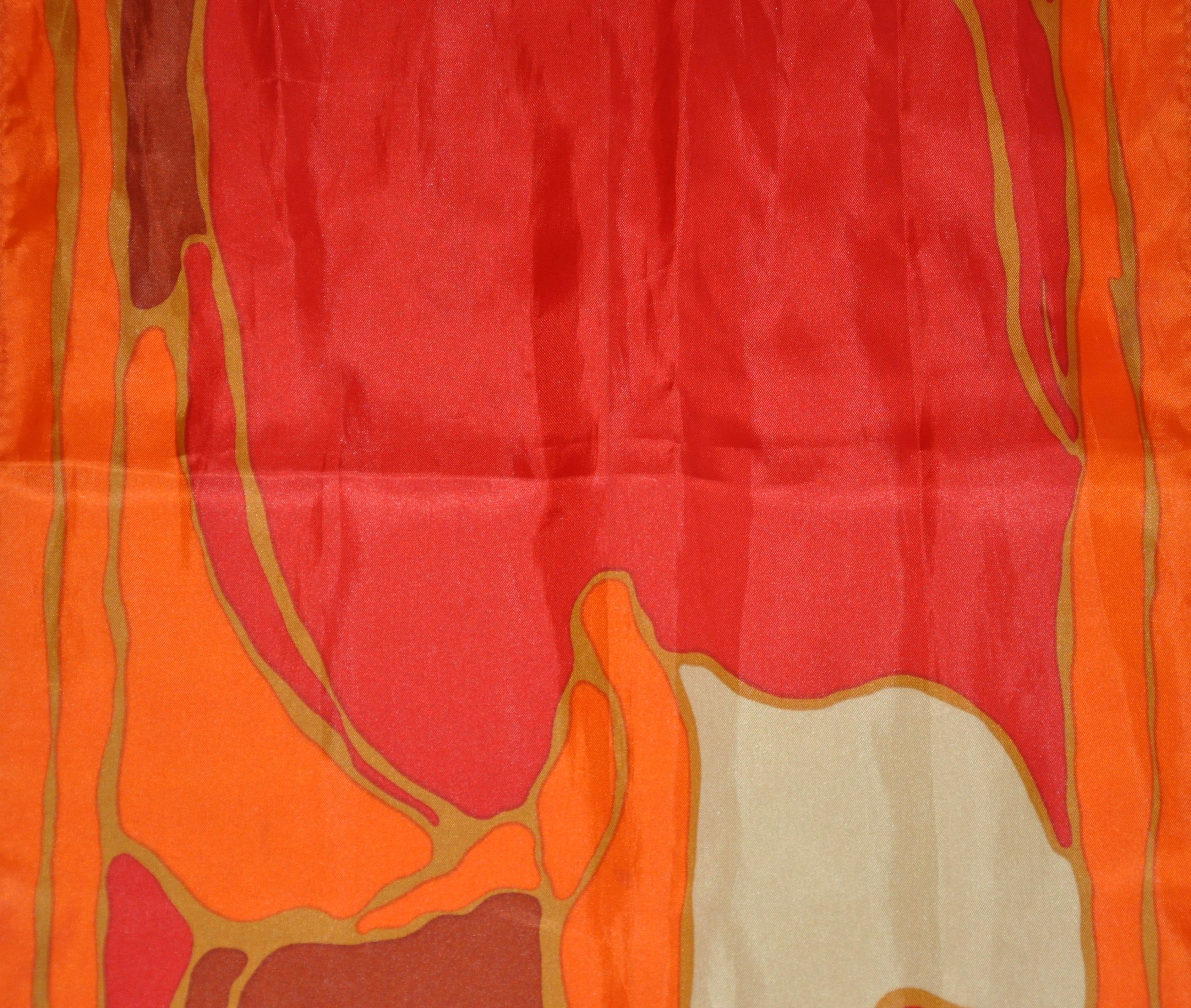 Warm Vivid Tangerines, Reds, and Creams Floral Acetate Scarf In Good Condition For Sale In New York, NY