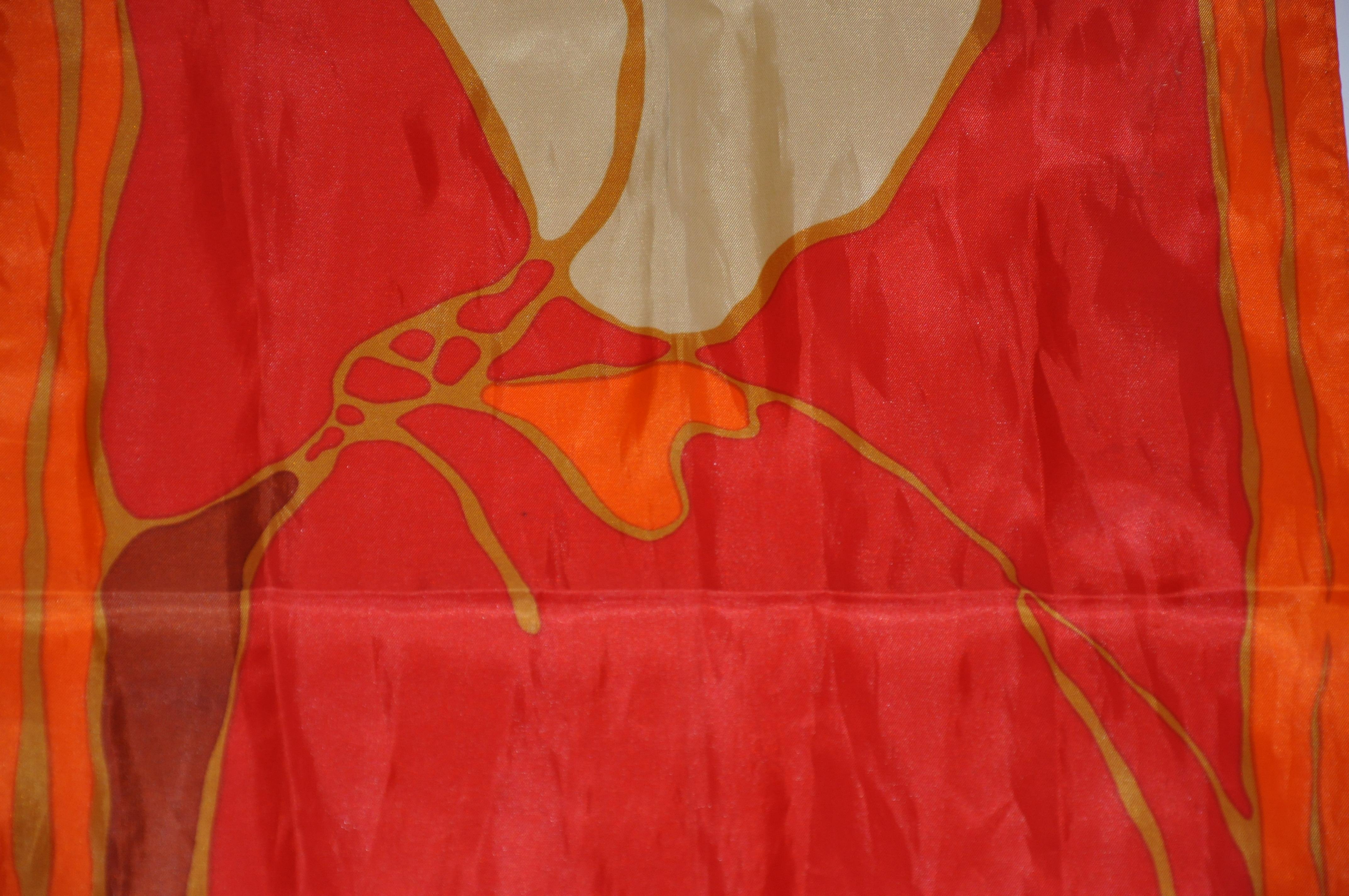 Women's or Men's Warm Vivid Tangerines, Reds, and Creams Floral Acetate Scarf For Sale