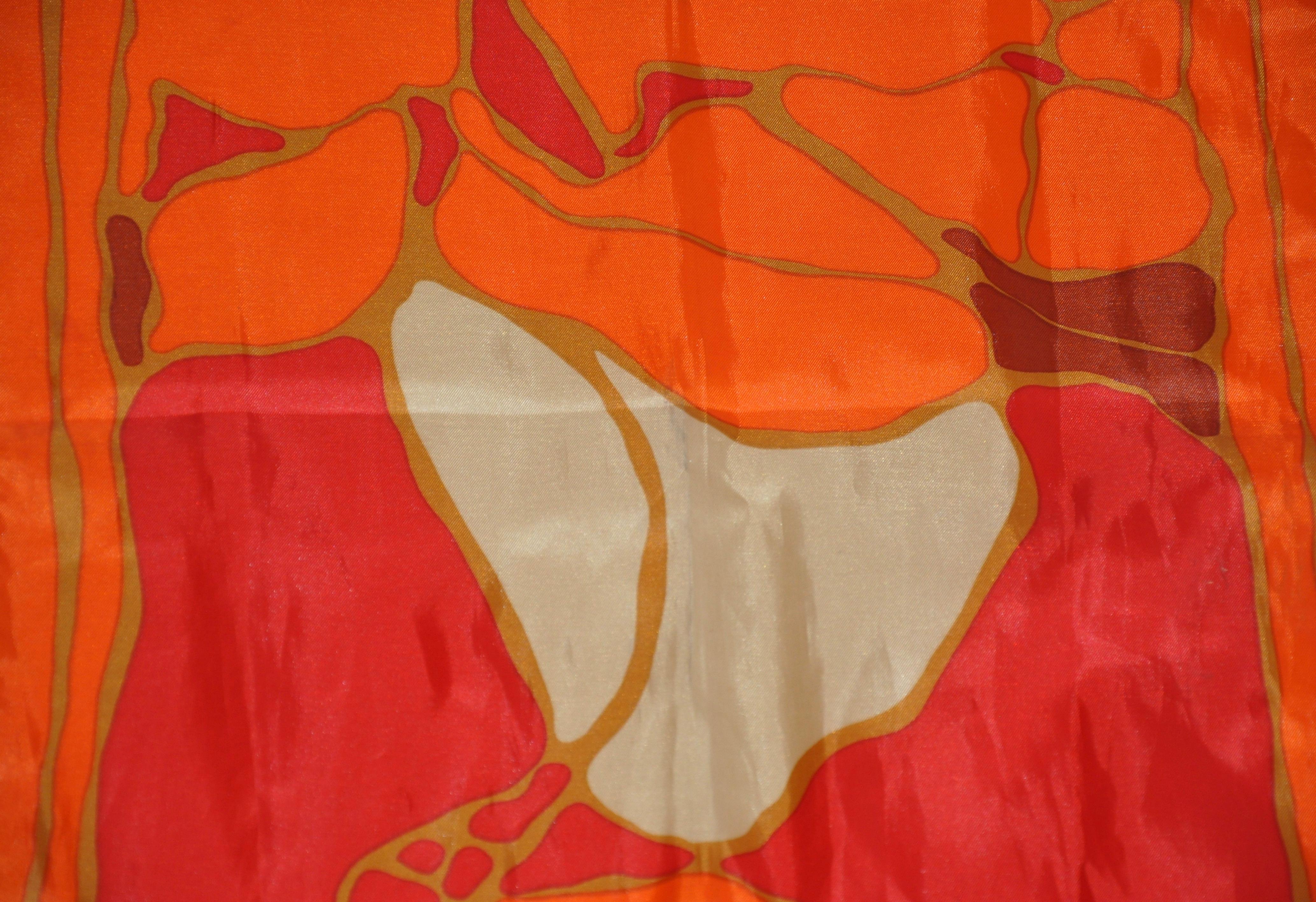 Warm Vivid Tangerines, Reds, and Creams Floral Acetate Scarf For Sale 1