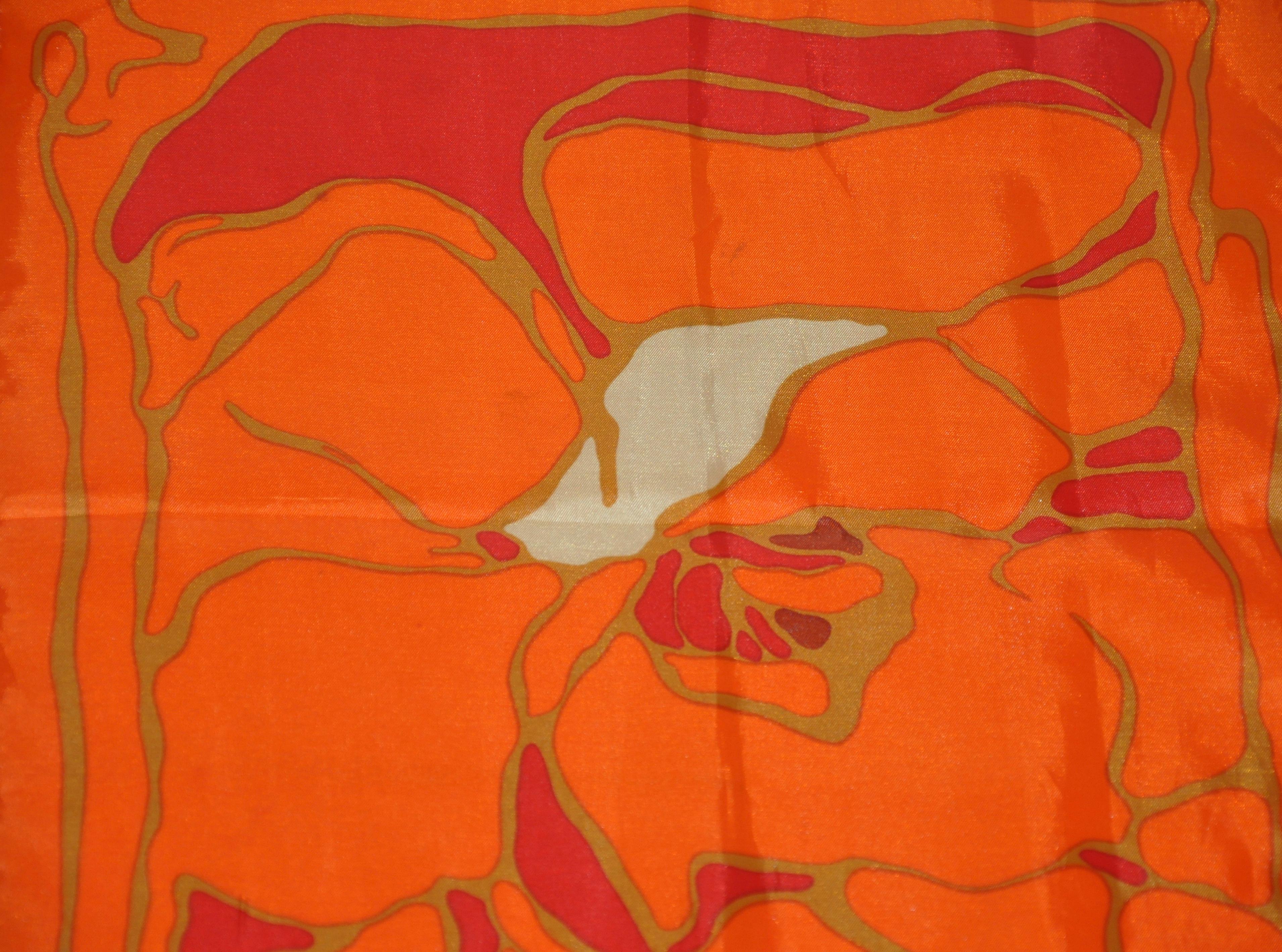 Warm Vivid Tangerines, Reds, and Creams Floral Acetate Scarf For Sale 2