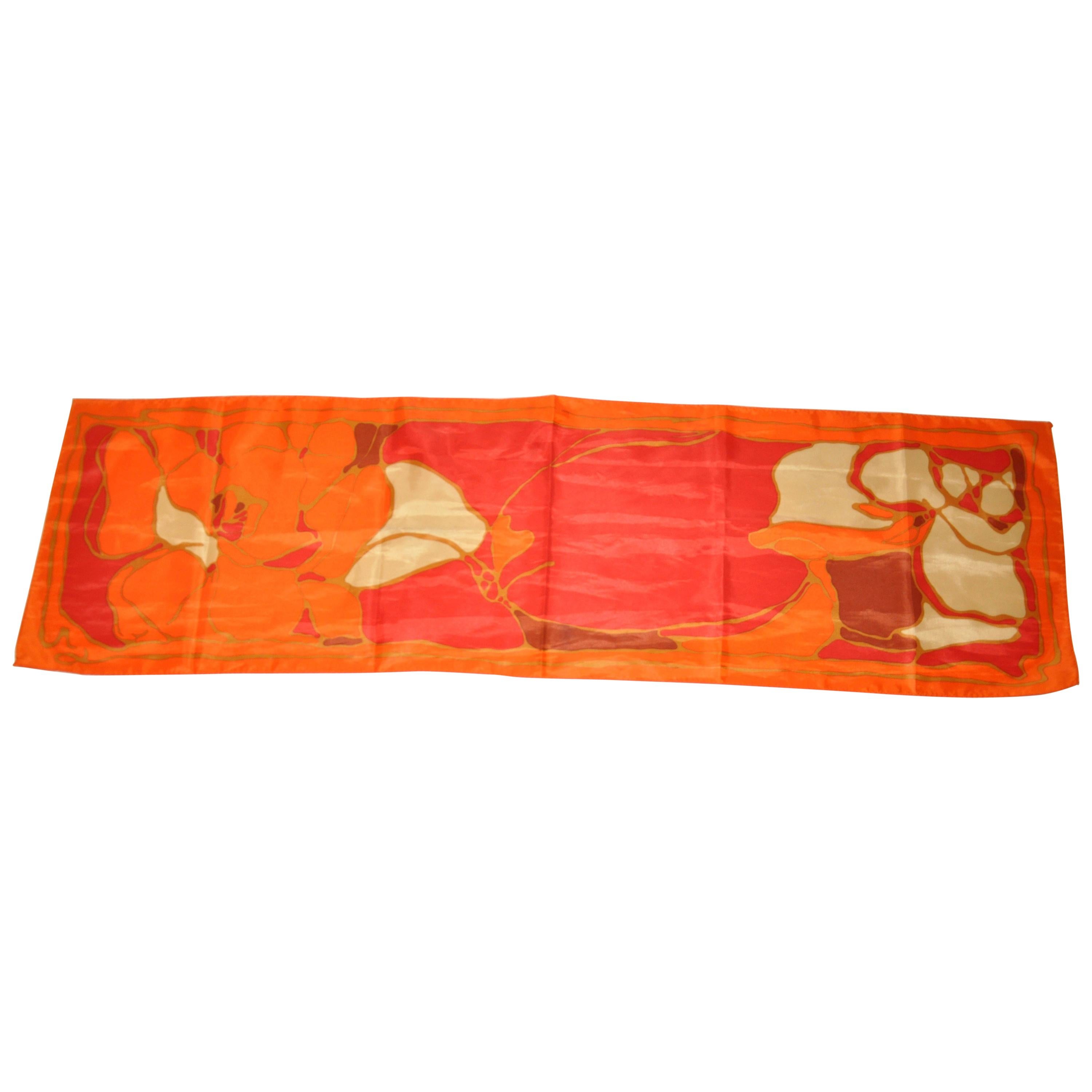 Warm Vivid Tangerines, Reds, and Creams Floral Acetate Scarf For Sale