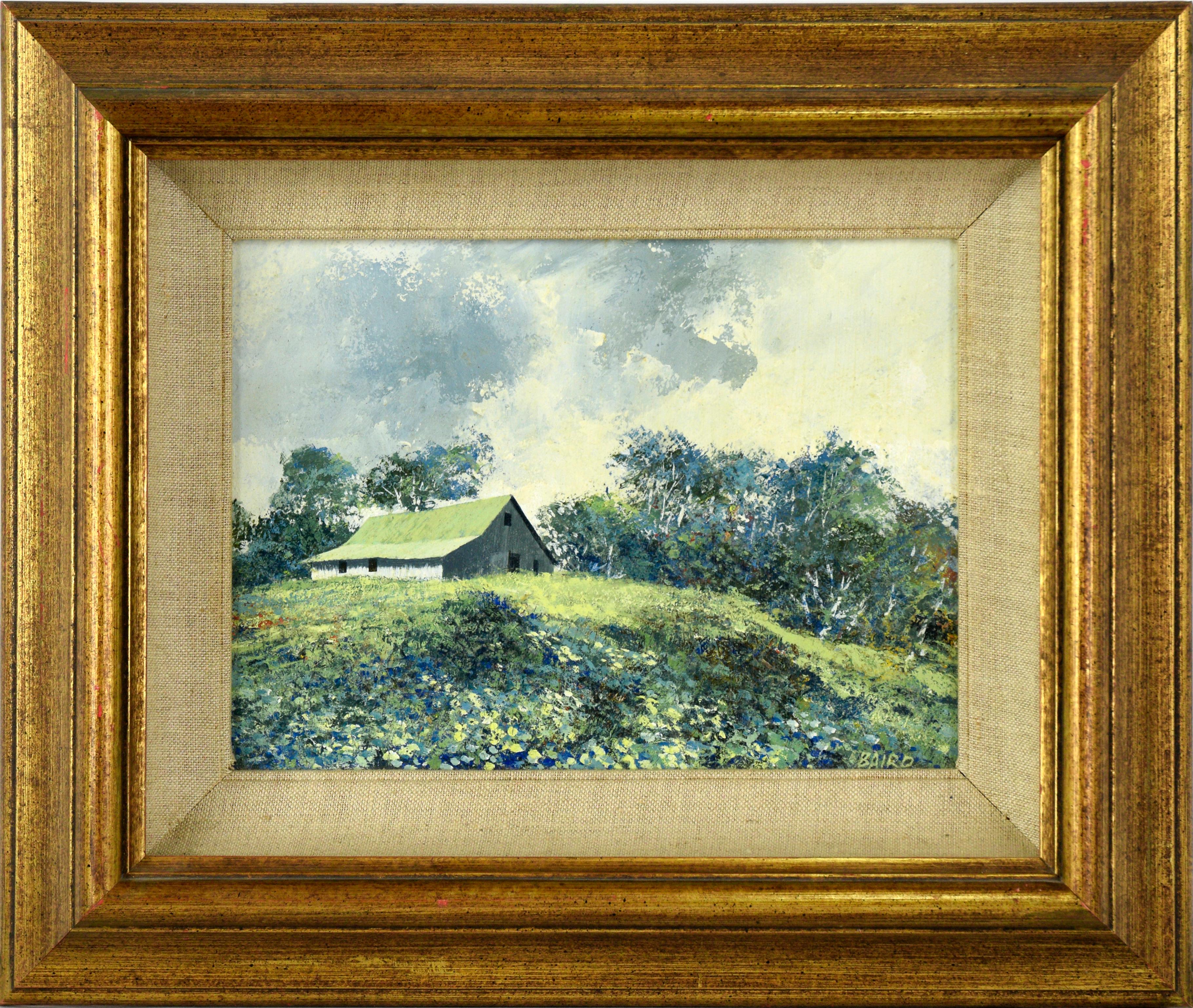 Warner Baird Landscape Painting - "Near Spring" Green Barn Landscape in Oil on Illustration Board