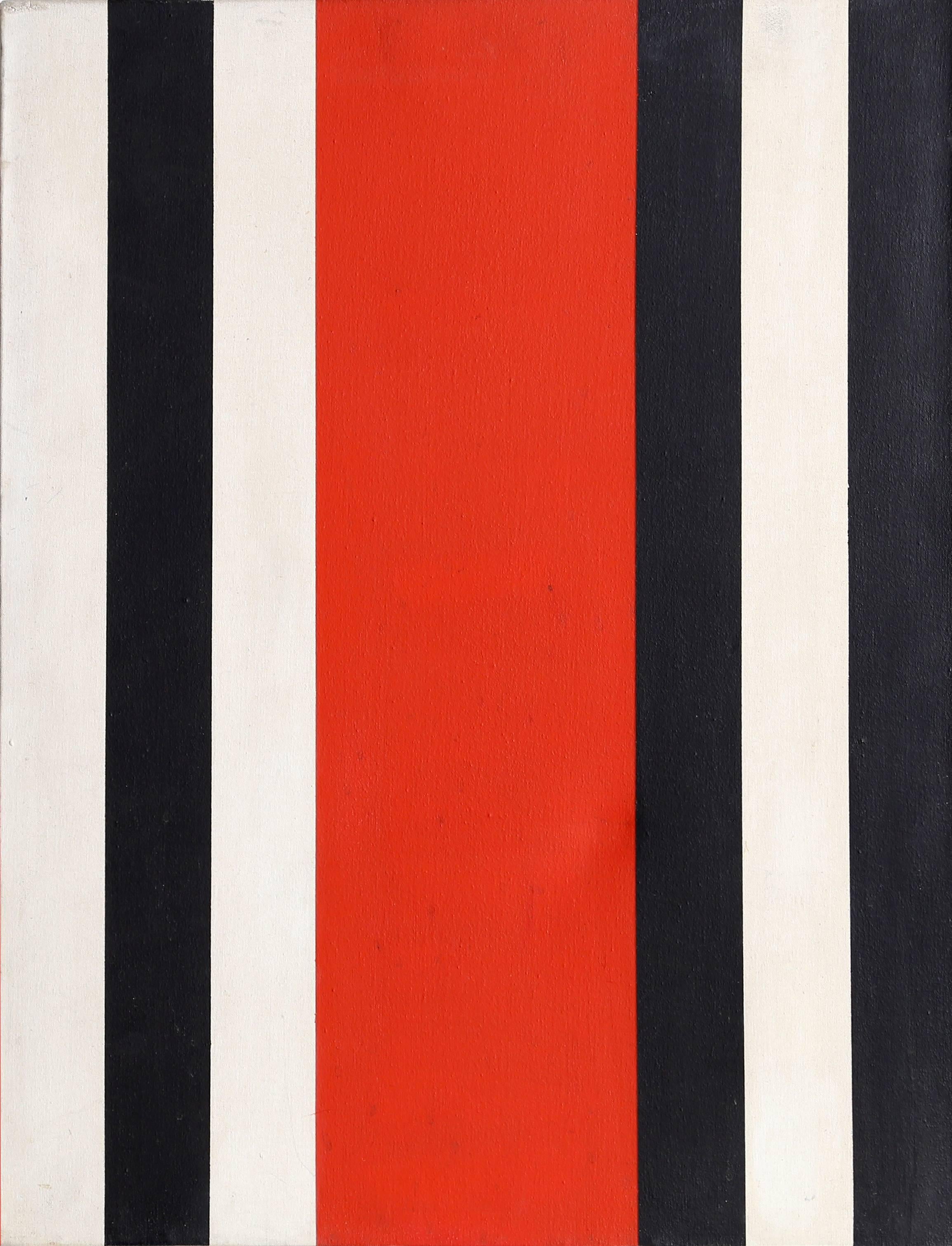 Artist: Warner Friedman, American (1935 -  )
Title:	Red, Black and White Stripes
Year: circa 1965
Medium:	Oil on Canvas, signed on label verso
Size: 28 in. x 21 in. (71.12 cm x 53.34 cm)