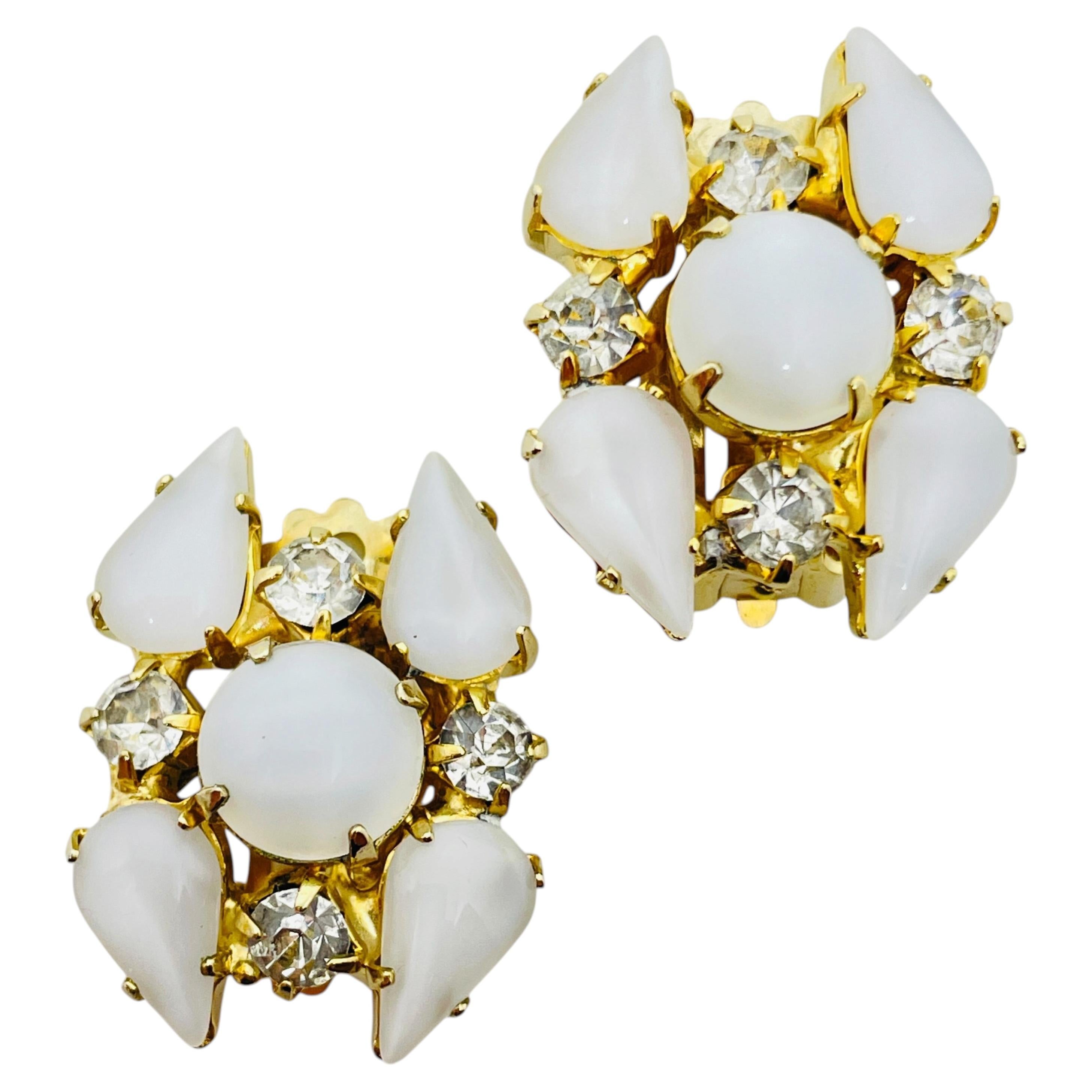 WARNER signed gold tone white glass rhinestones designer clip on earrings 1970s For Sale