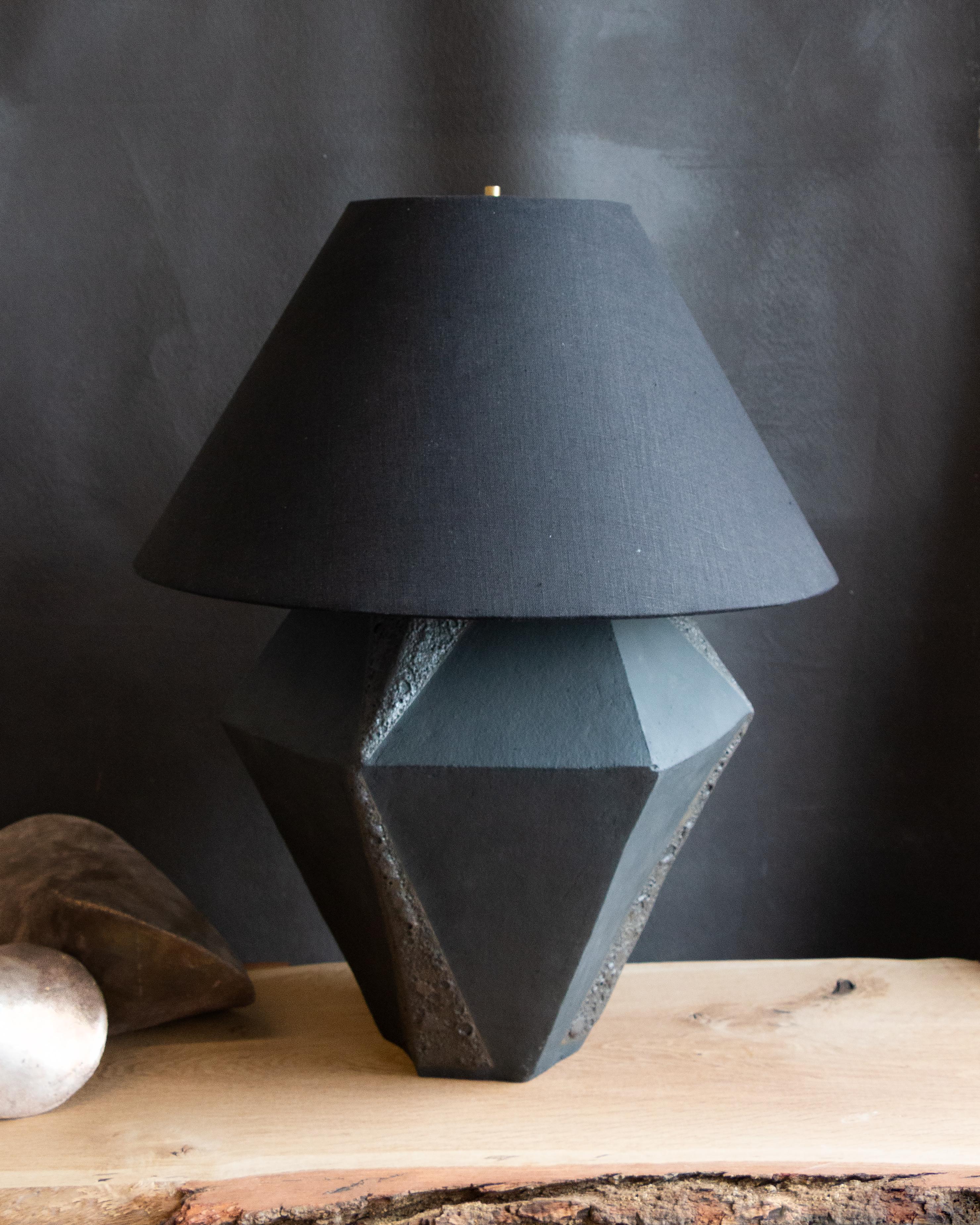 Modern Warp, Matte and Textured Black Glazed Wide Geometric Ceramic Table Lamp For Sale