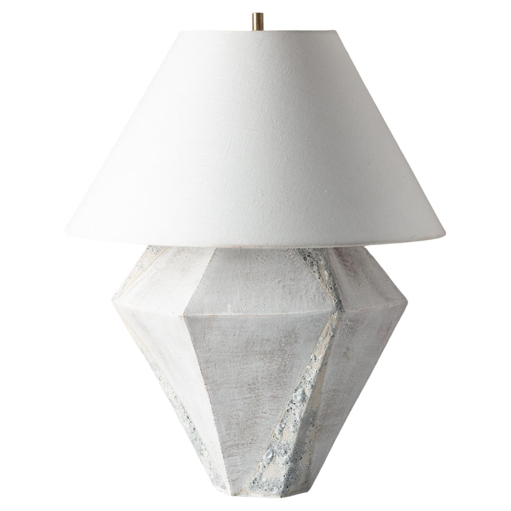 'Geode' Geometric White Ceramic and Brass Small Table Lamp with Linen