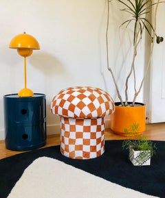 Warped Checkerboard Velvet Mushroom Ottoman in Burnt Orange