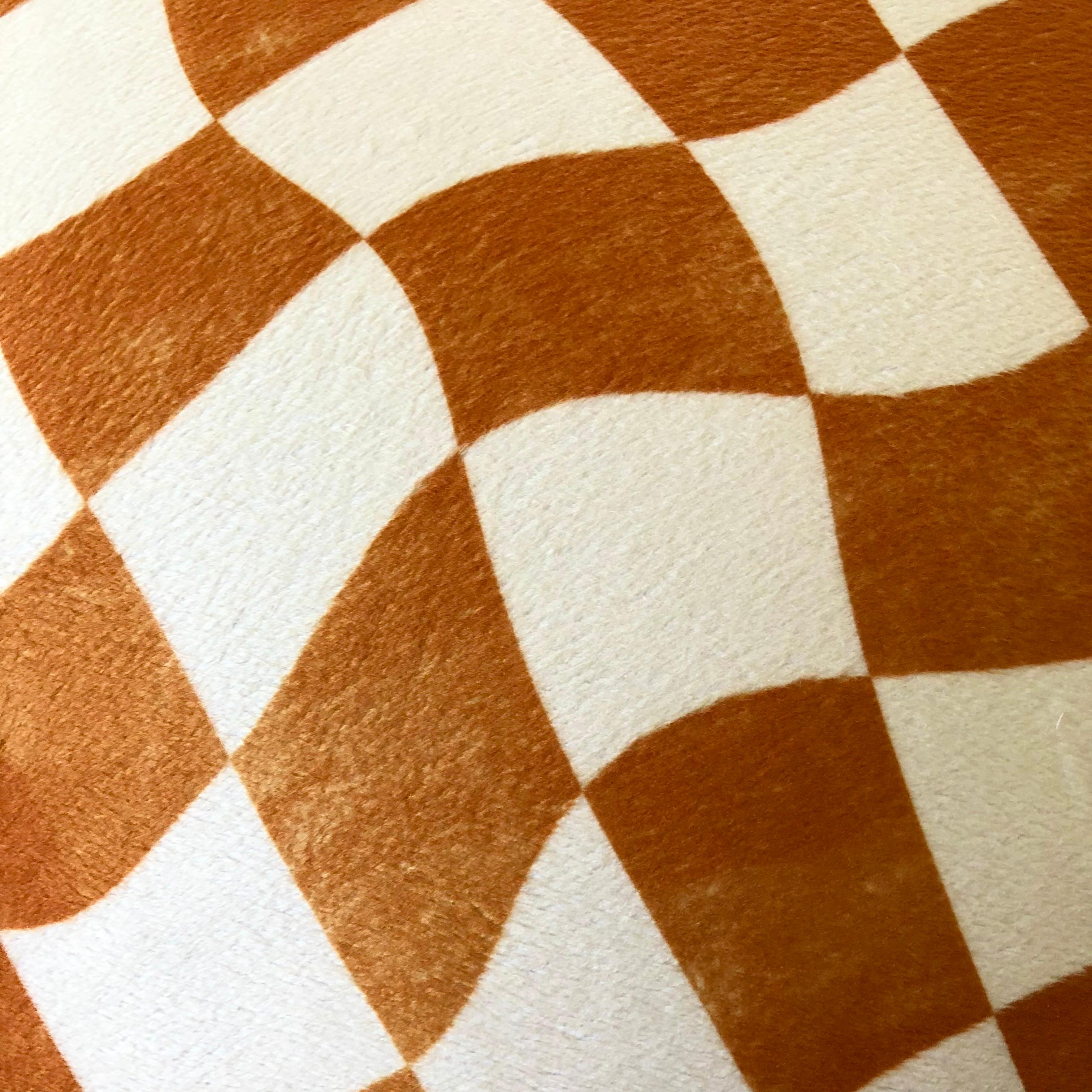 Fabric Warped Checkerboard Velvet Mushroom Ottoman in Burnt Orange