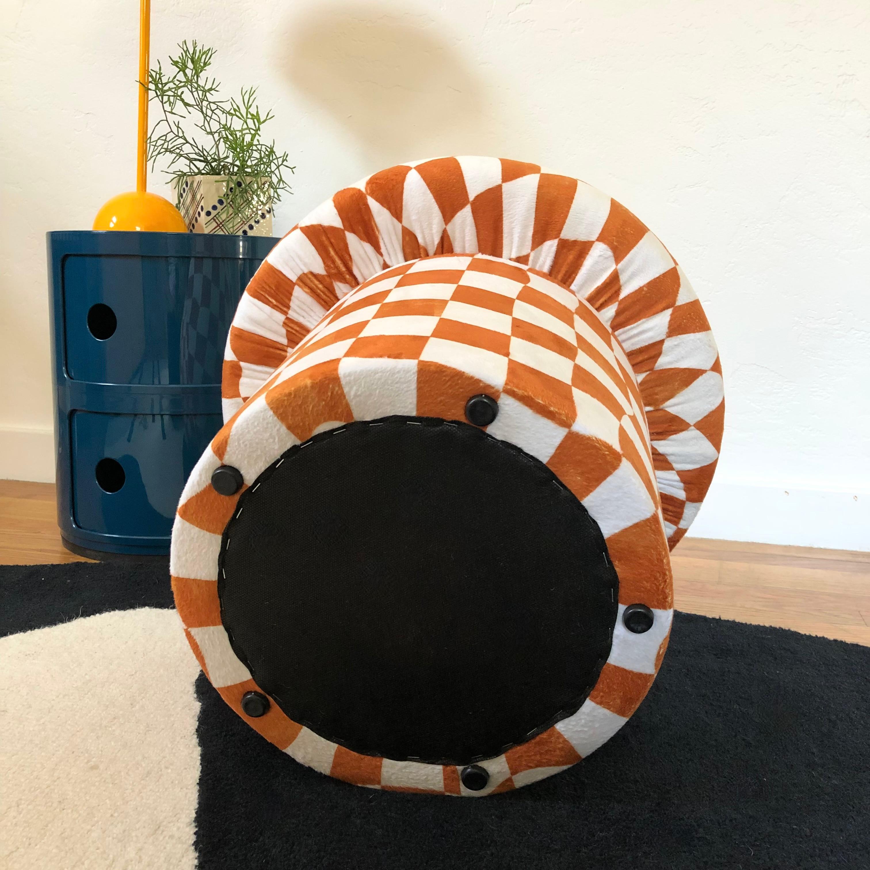 Warped Checkerboard Velvet Mushroom Ottoman in Burnt Orange 1