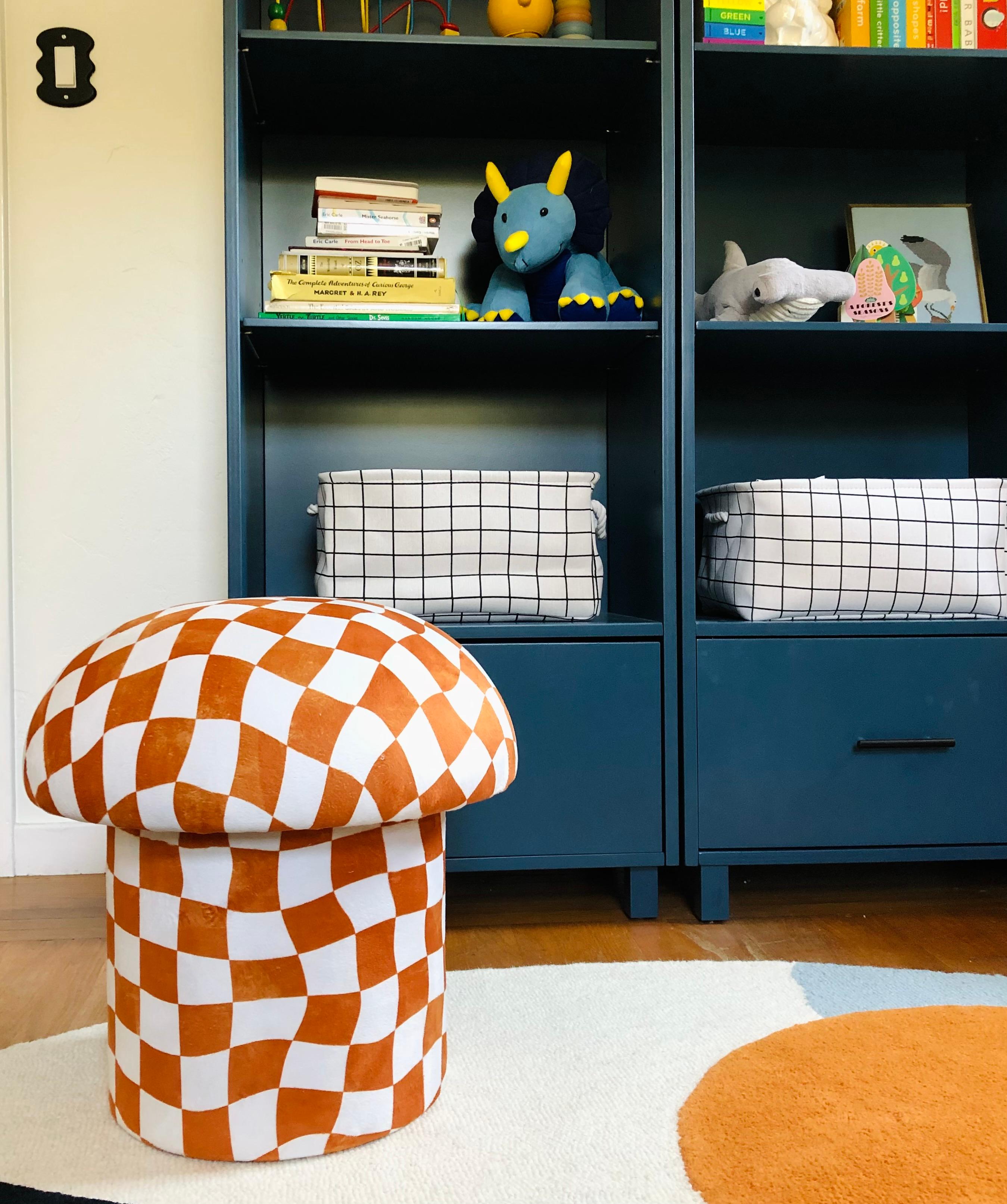 Warped Checkerboard Velvet Mushroom Ottoman in Burnt Orange 2