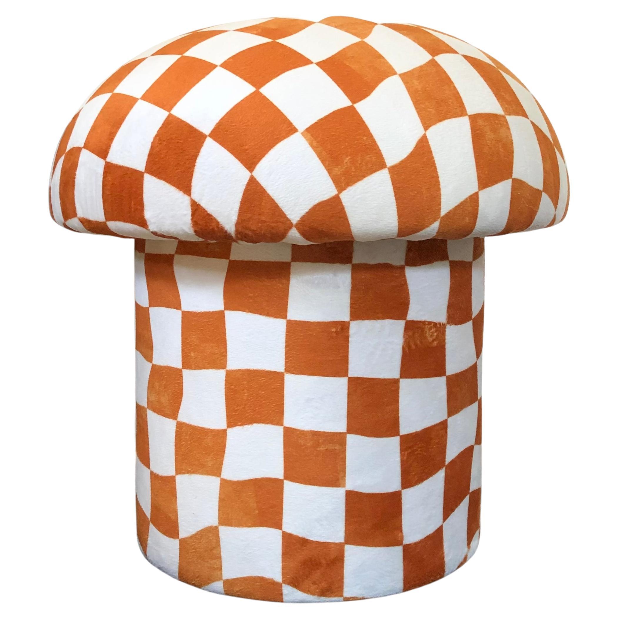 Warped Checkerboard Velvet Mushroom Ottoman in Burnt Orange