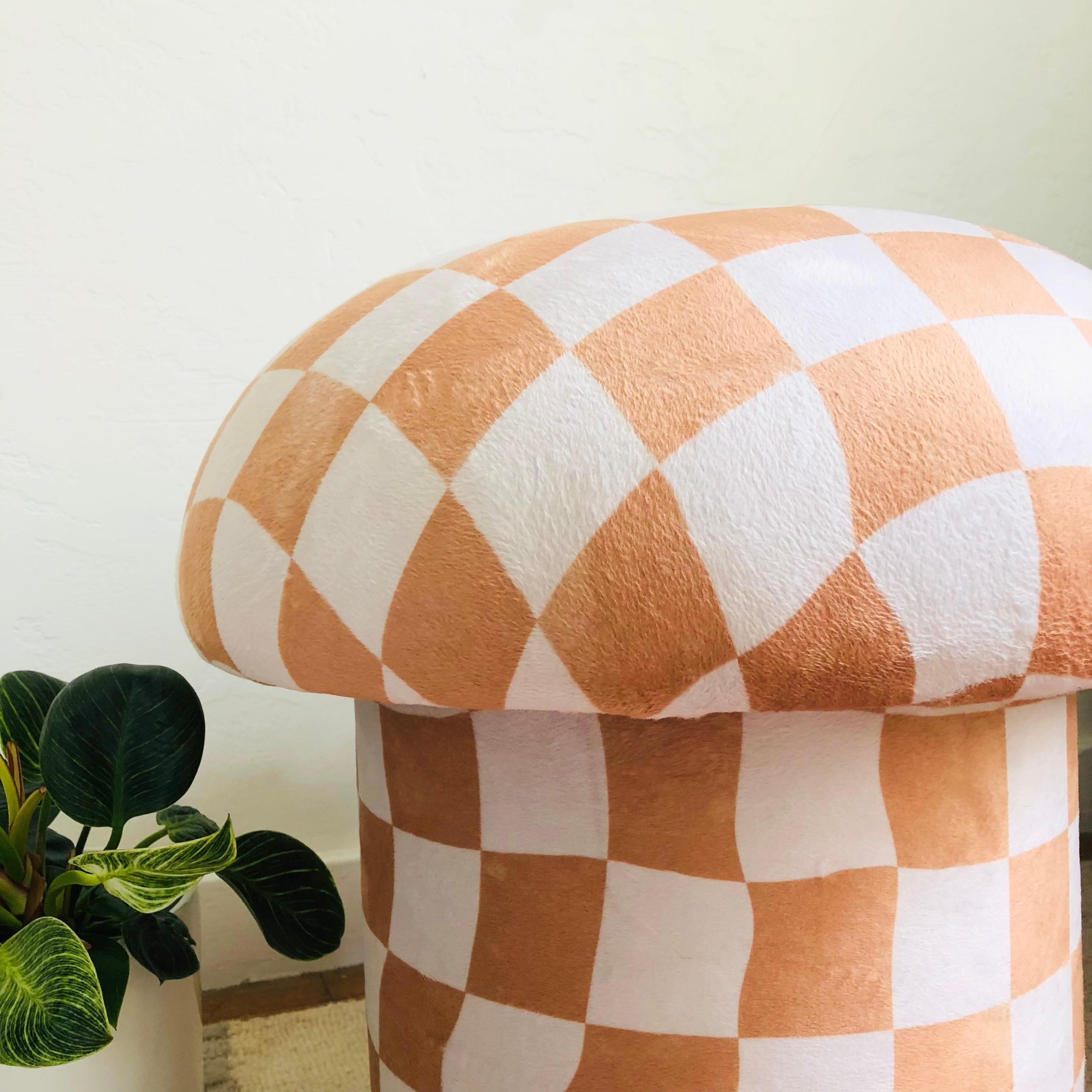 Mid-Century Modern Mushroom Ottoman in Tan Warped Checkered Velvet