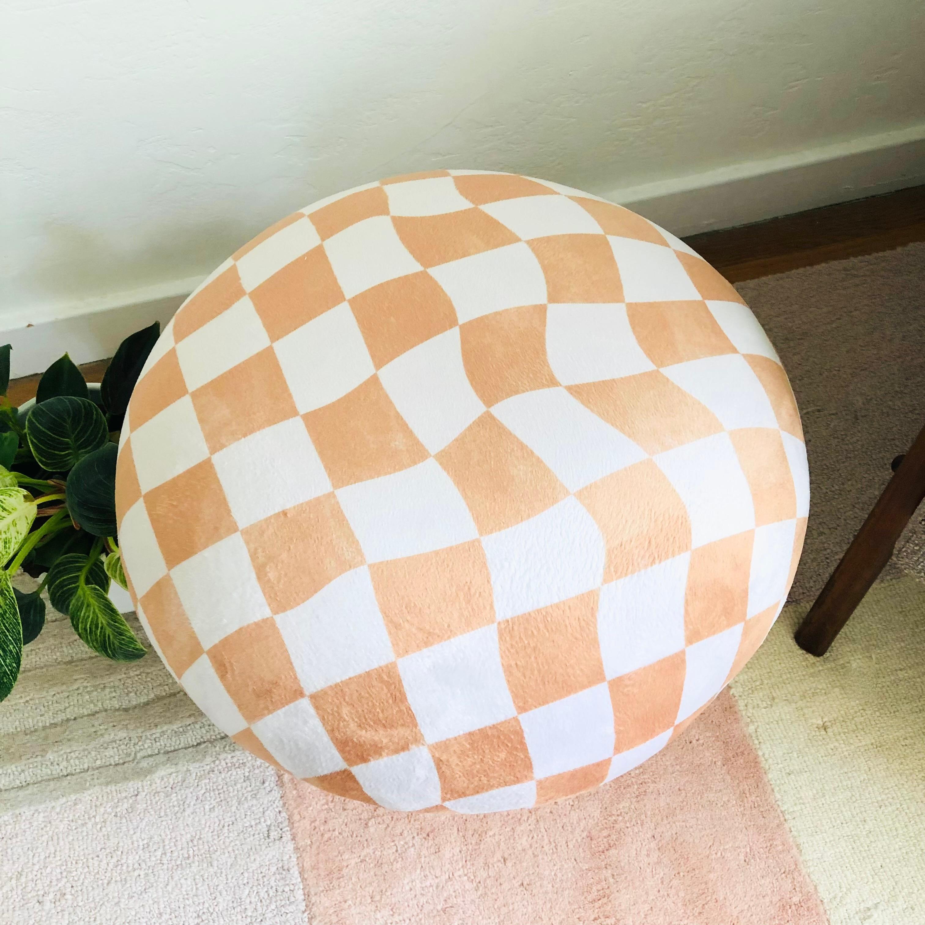 Mushroom Ottoman in Tan Warped Checkered Velvet In New Condition In Vallejo, CA