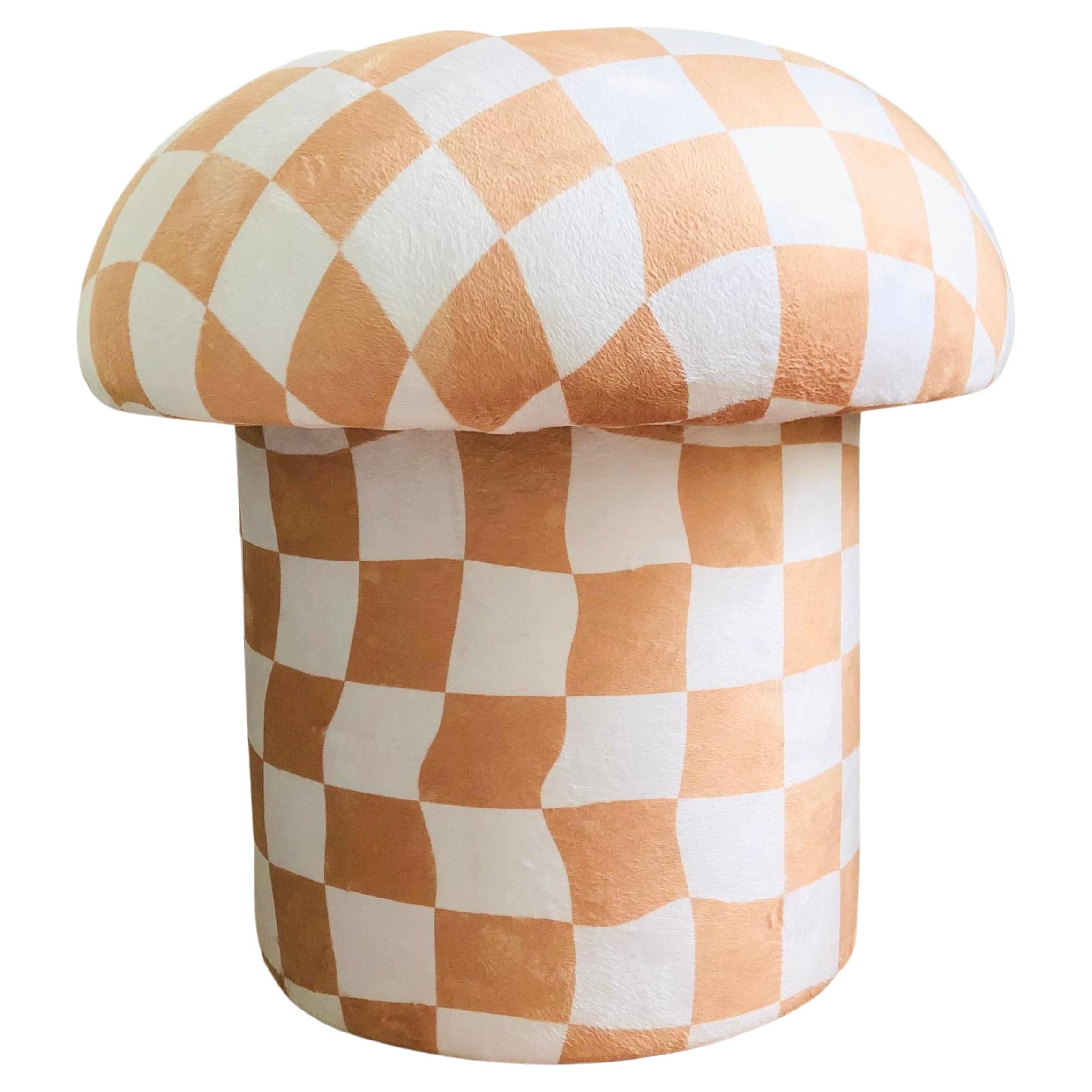 Mushroom Ottoman in Tan Warped Checkered Velvet