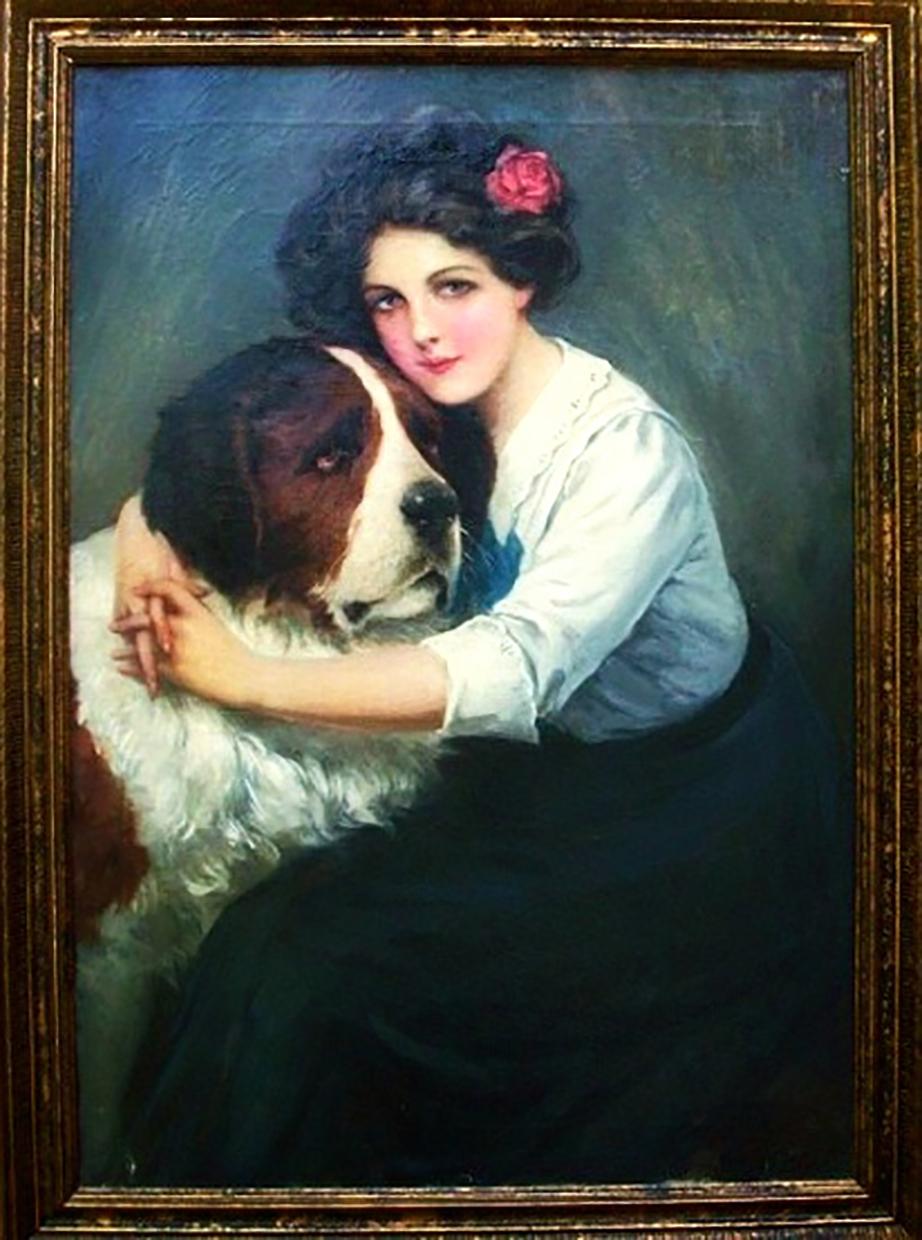 Une jolie femme avec un Saint Bernard - Painting de Warren B. Davis