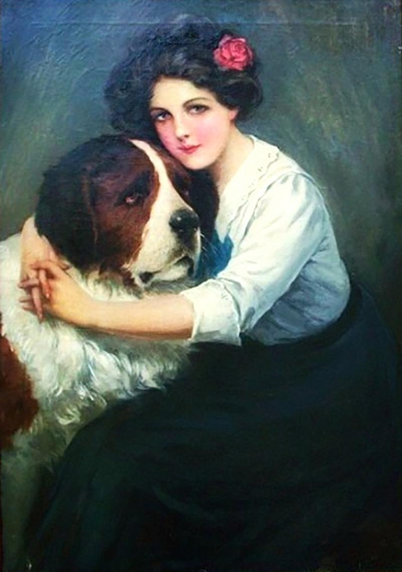 Figurative Painting Warren B. Davis - Une jolie femme avec un Saint Bernard