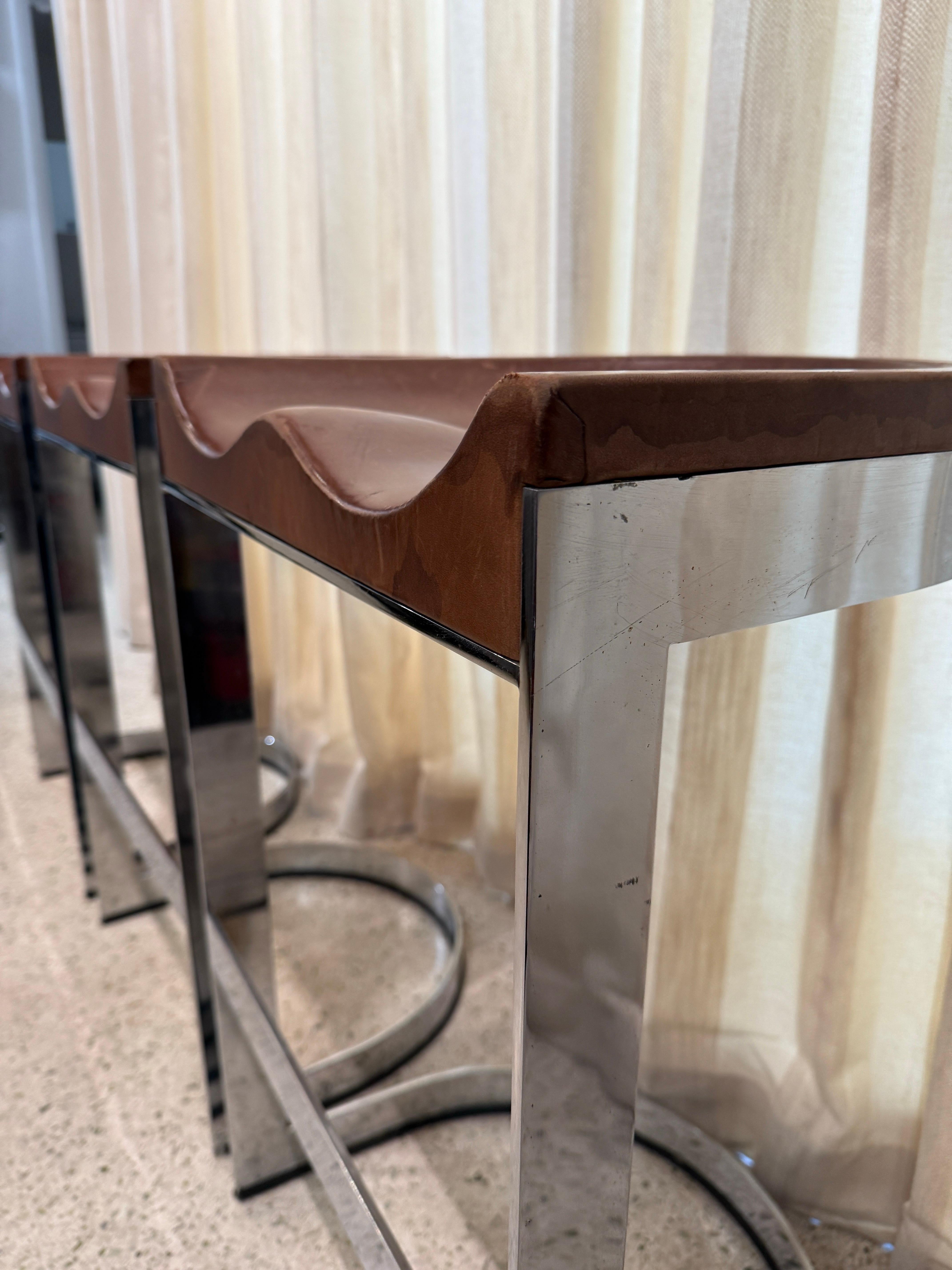 Warren Bacon Leather Seat & Chrome Cantilever Bar Stools - Set of Three (3) For Sale 6