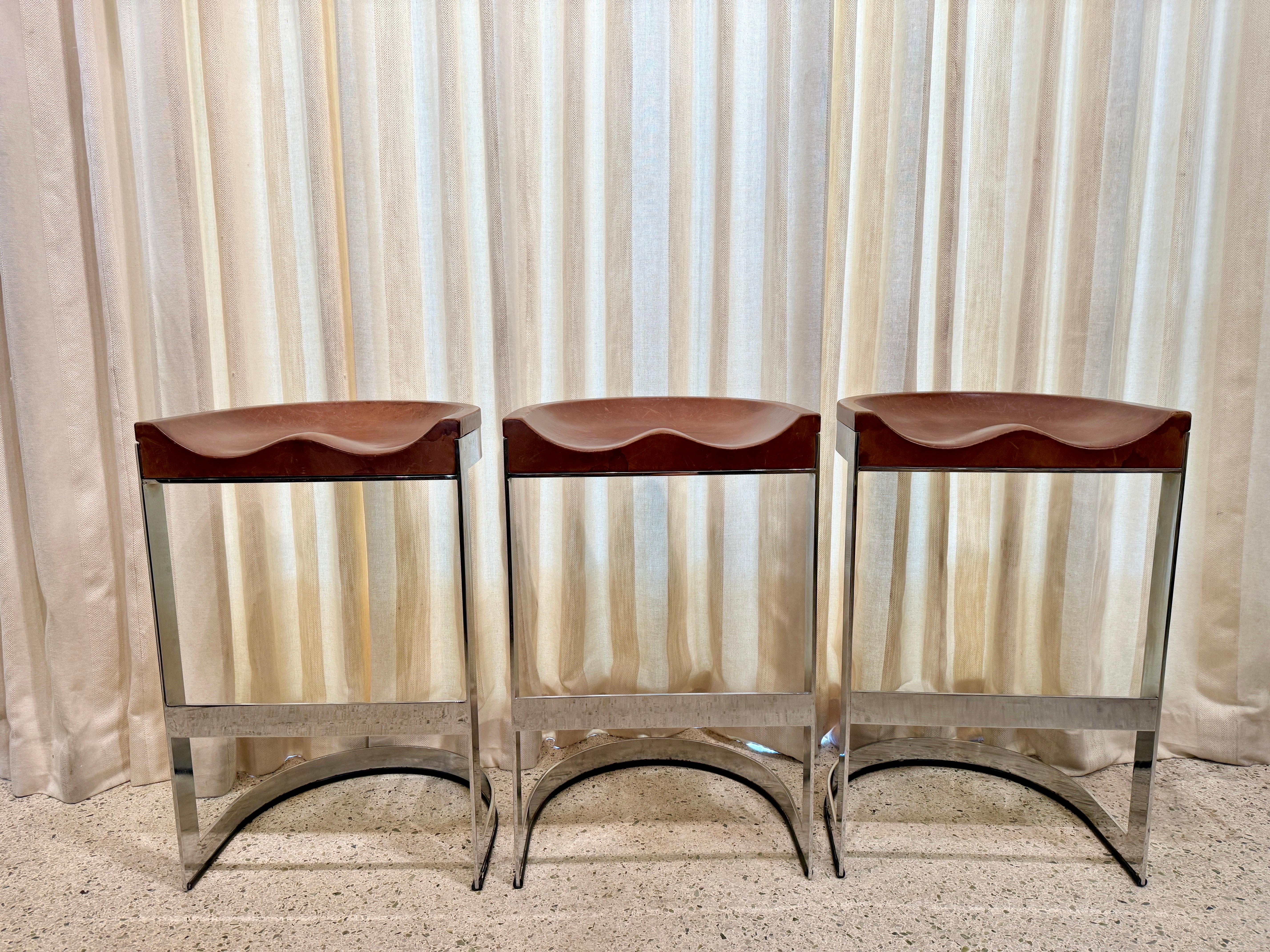Warren Bacon Leather Seat & Chrome Cantilever Bar Stools - Set of Three (3) For Sale 8