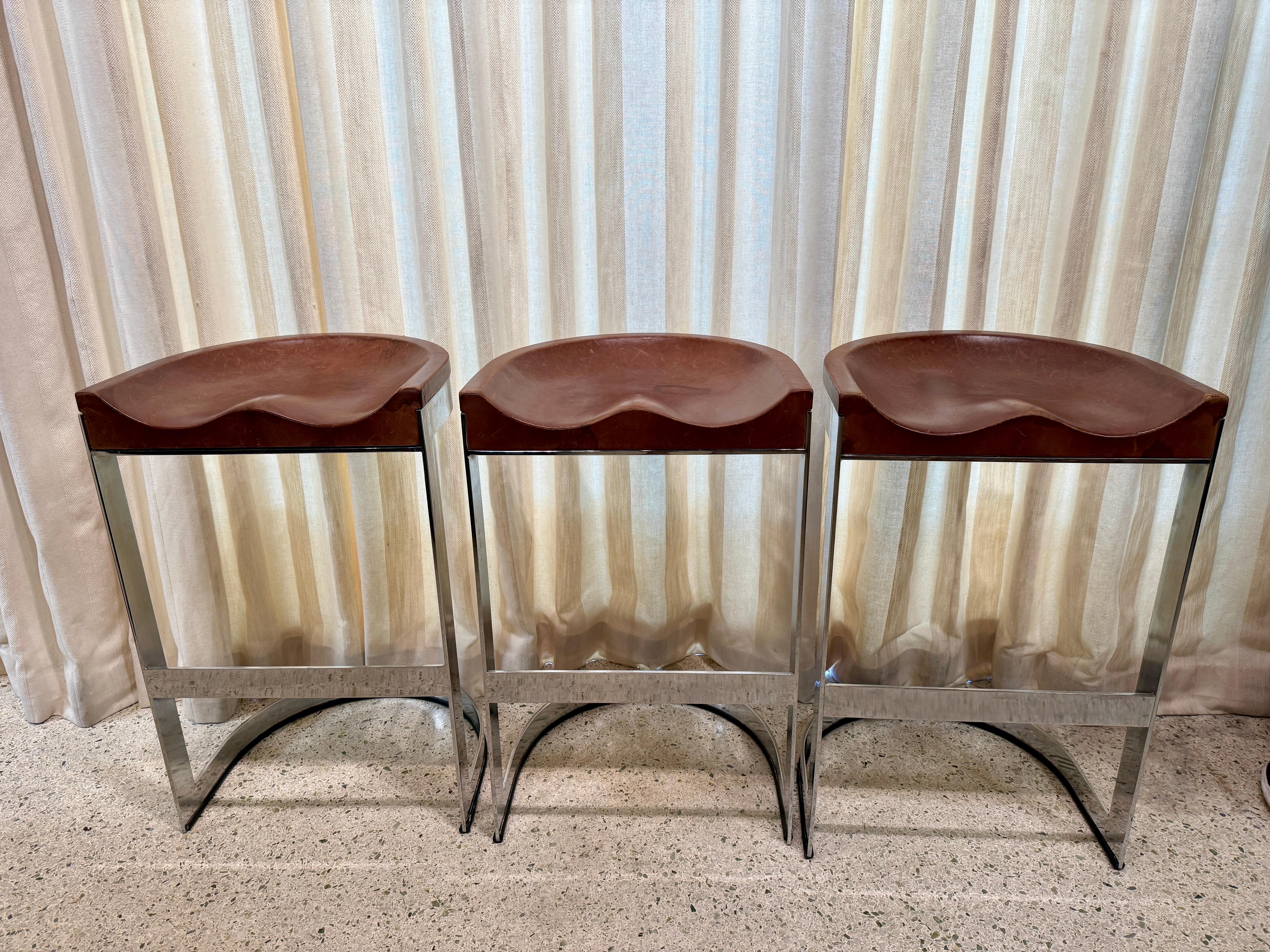Warren Bacon Leather Seat & Chrome Cantilever Bar Stools - Set of Three (3) For Sale 9