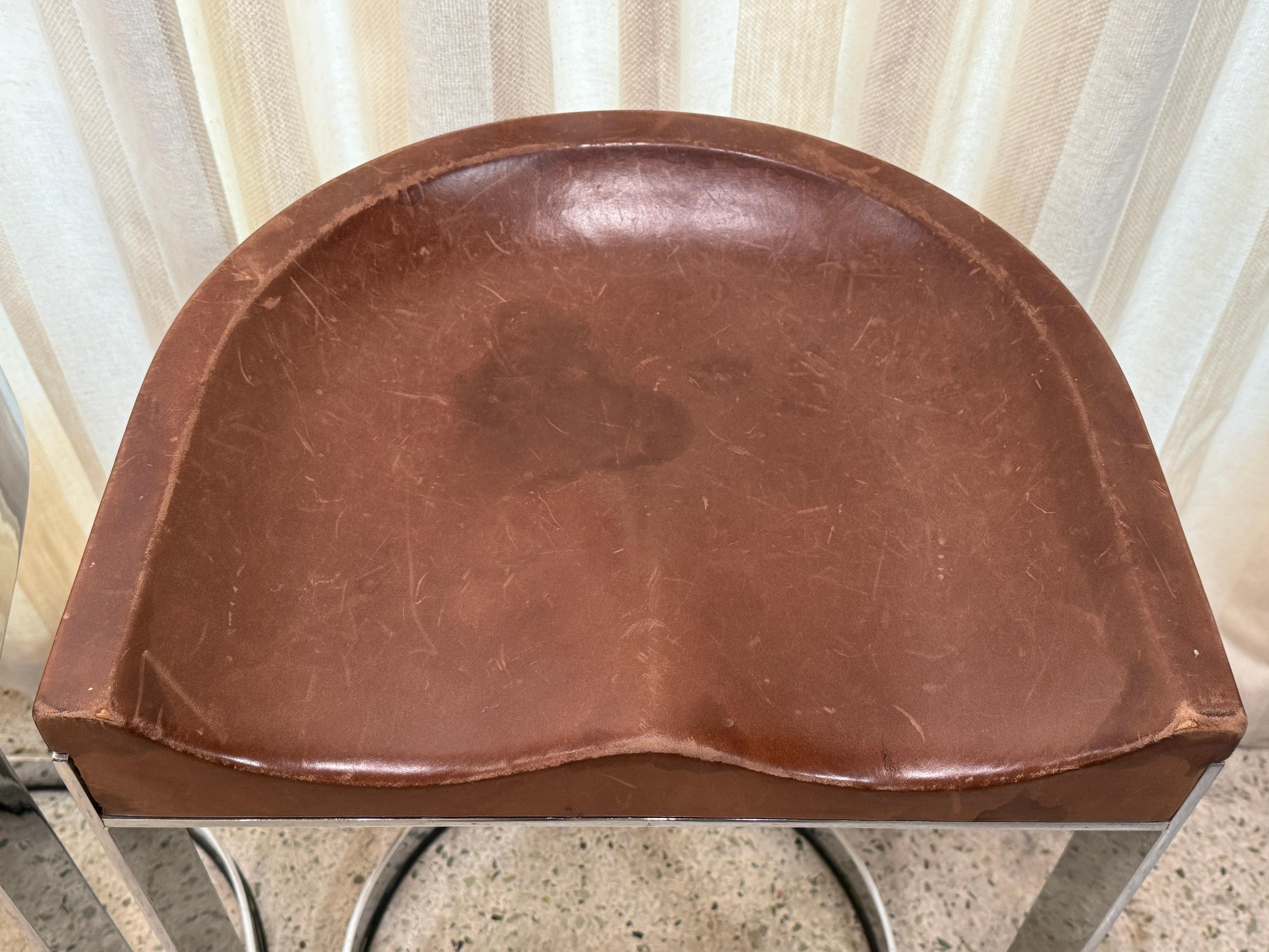 American Warren Bacon Leather Seat & Chrome Cantilever Bar Stools - Set of Three (3) For Sale