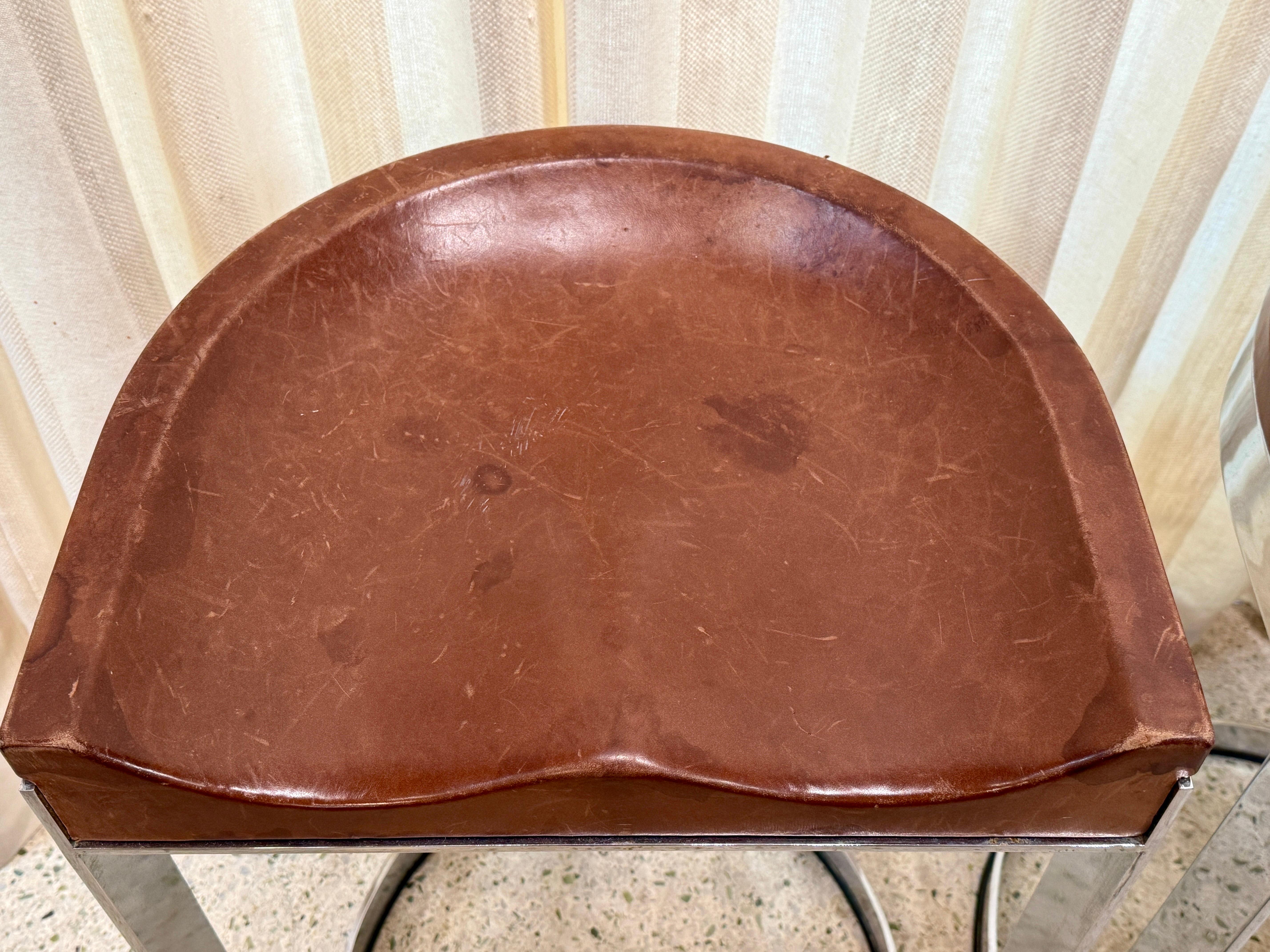 Warren Bacon Leather Seat & Chrome Cantilever Bar Stools - Set of Three (3) In Good Condition For Sale In North Miami, FL