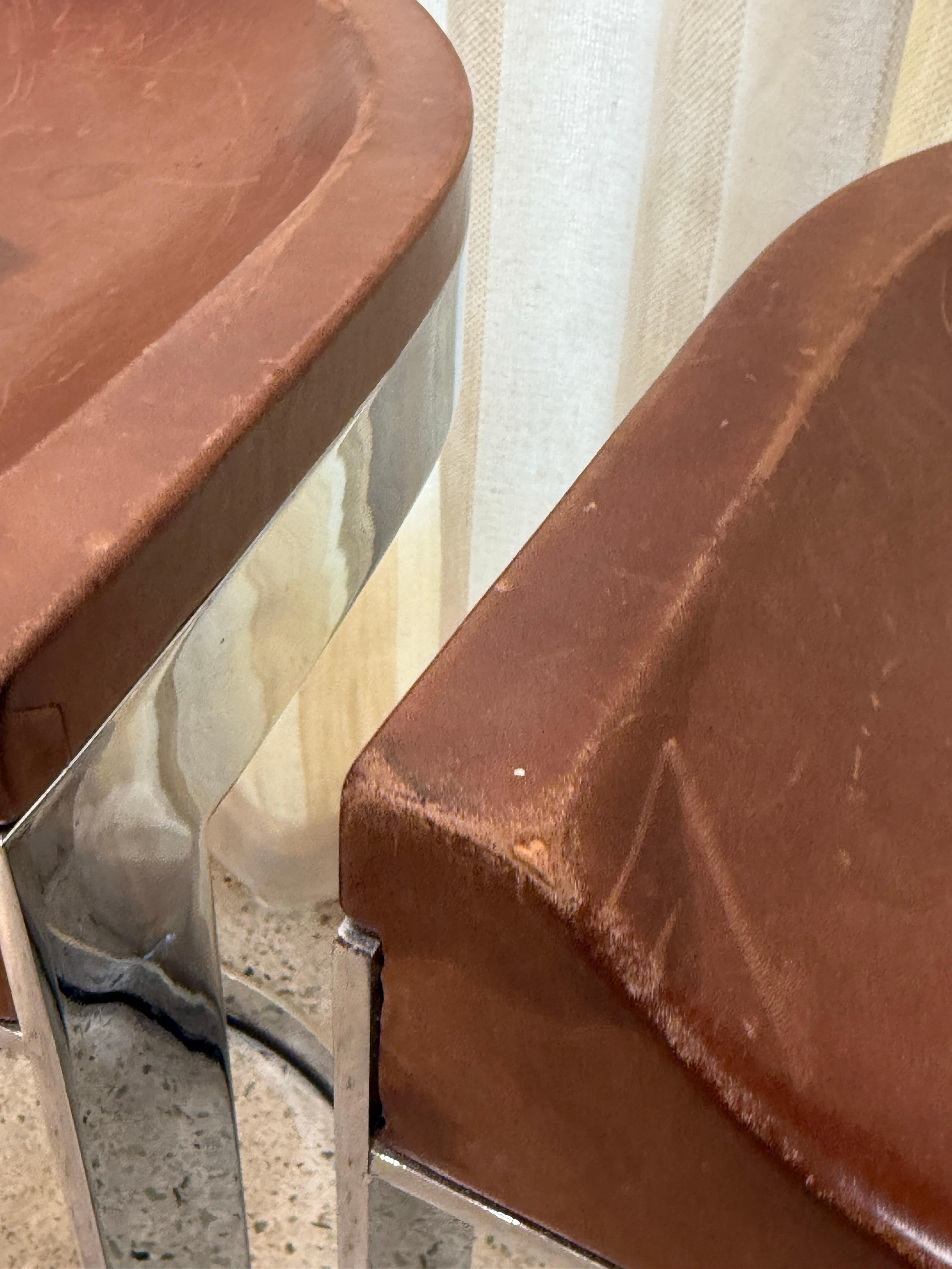 Late 20th Century Warren Bacon Leather Seat & Chrome Cantilever Bar Stools - Set of Three (3) For Sale