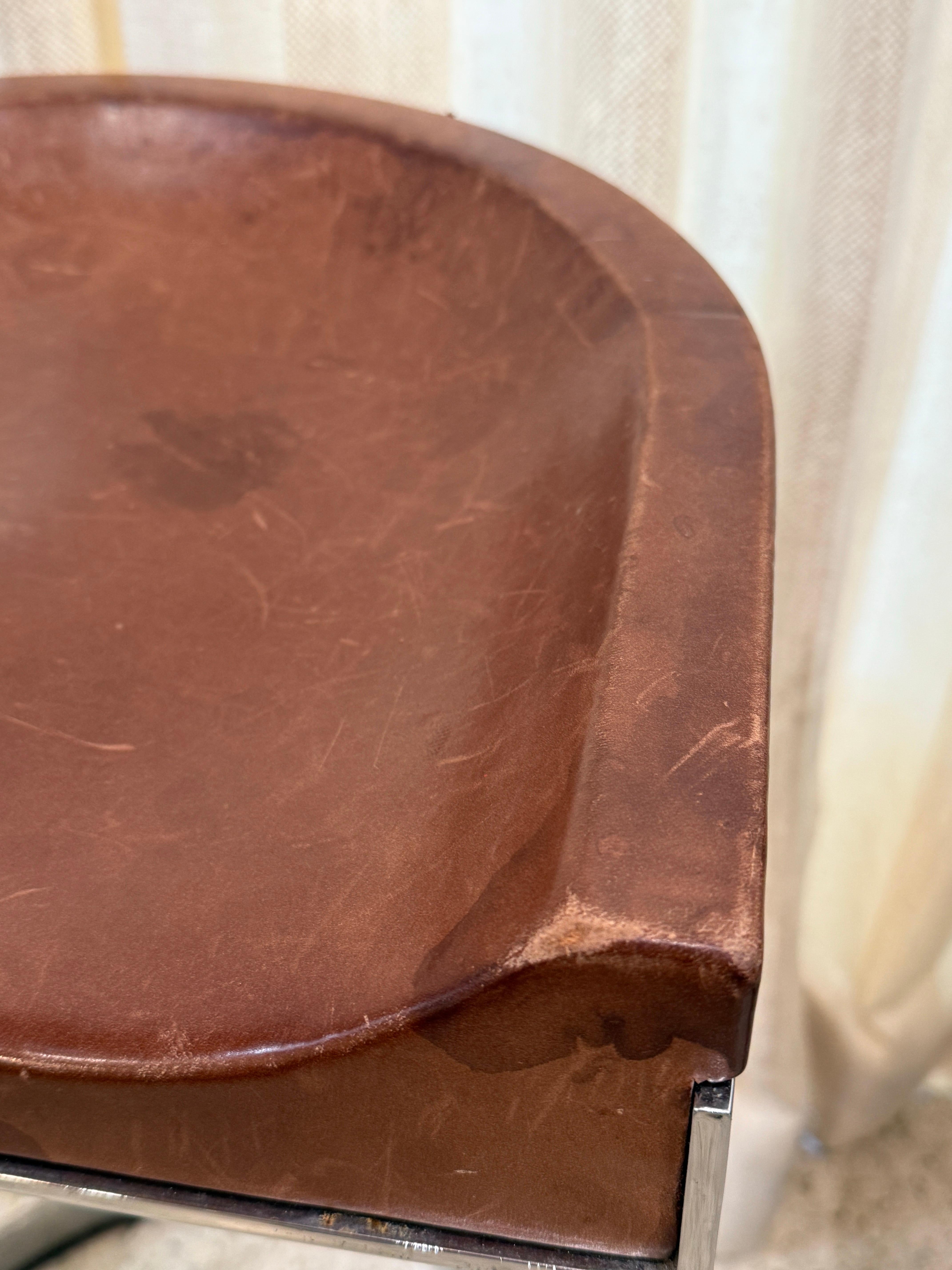 Warren Bacon Leather Seat & Chrome Cantilever Bar Stools - Set of Three (3) For Sale 1