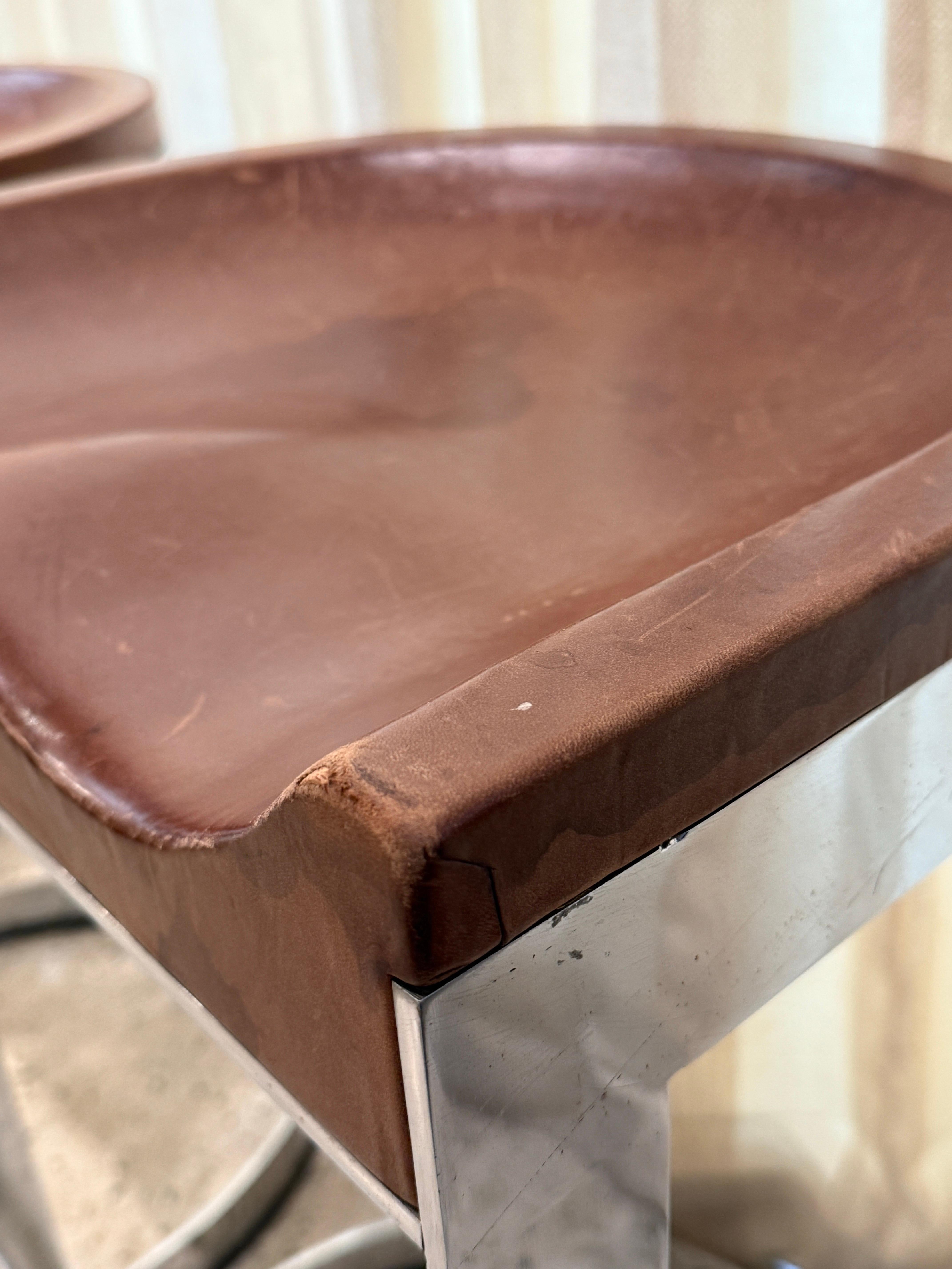 Warren Bacon Leather Seat & Chrome Cantilever Bar Stools - Set of Three (3) For Sale 2