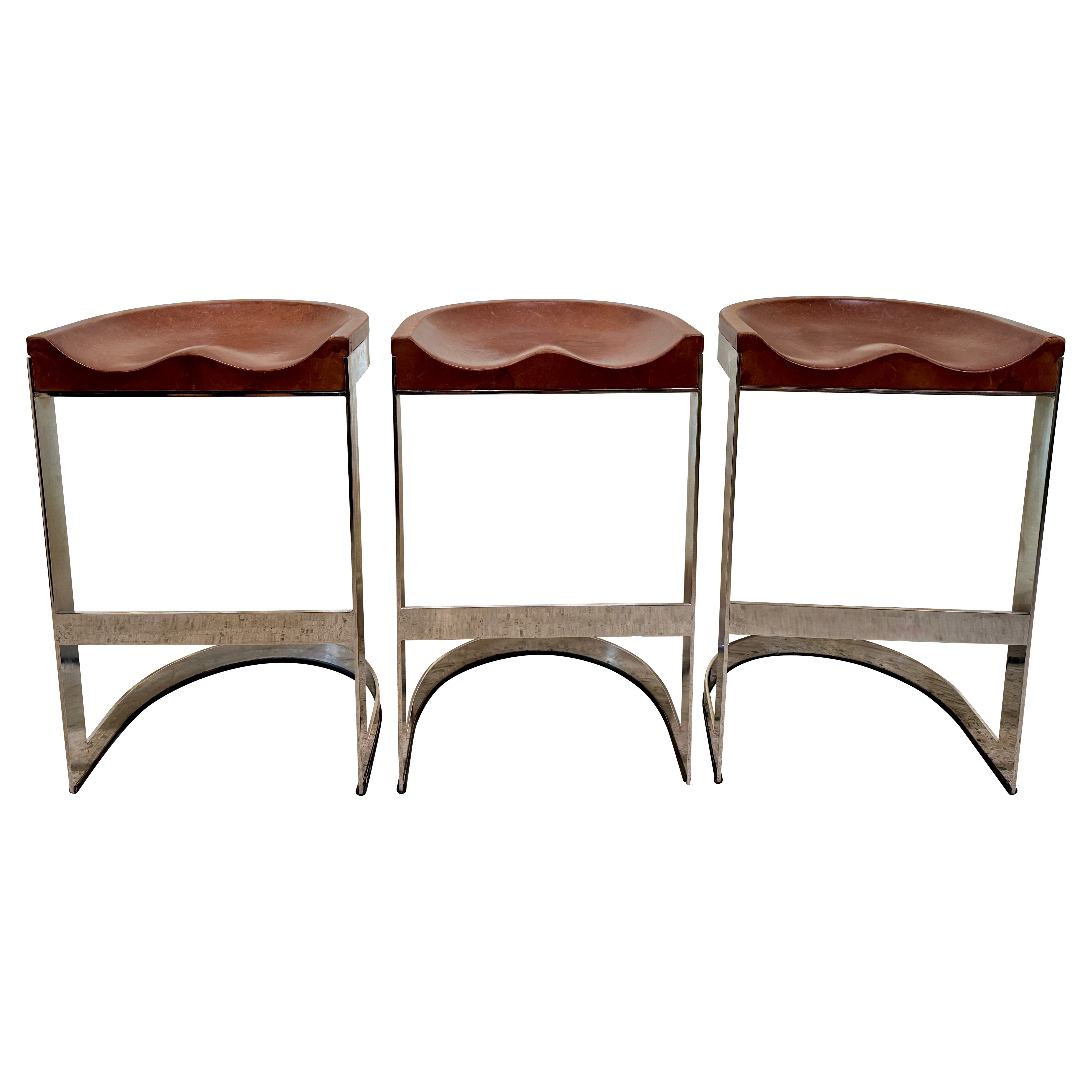 Warren Bacon Leather Seat 
Chrome Cantilever Bar Stools - Set of Three (3) For Sale