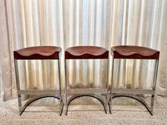 Warren Bacon Leather Seat & Chrome Cantilever Bar Stools - Set of Three (3)