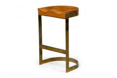 Tabouret de bar cantilever américain du milieu du siècle dernier en laiton et bois avec fer à cheval Warren Bacon