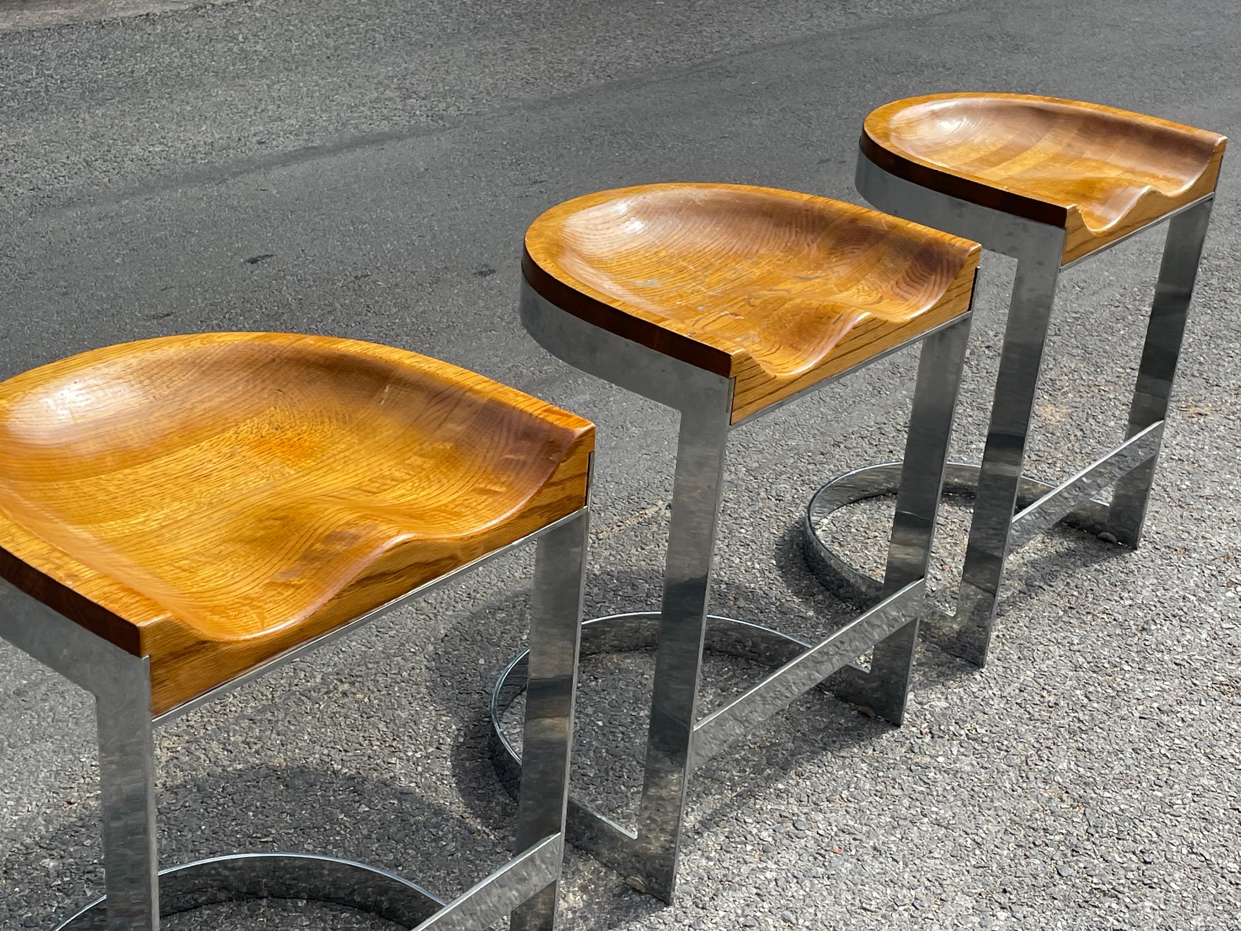 Warren Bacon Oak and Chromed Steel Counter Stools, Set of 3 For Sale 1
