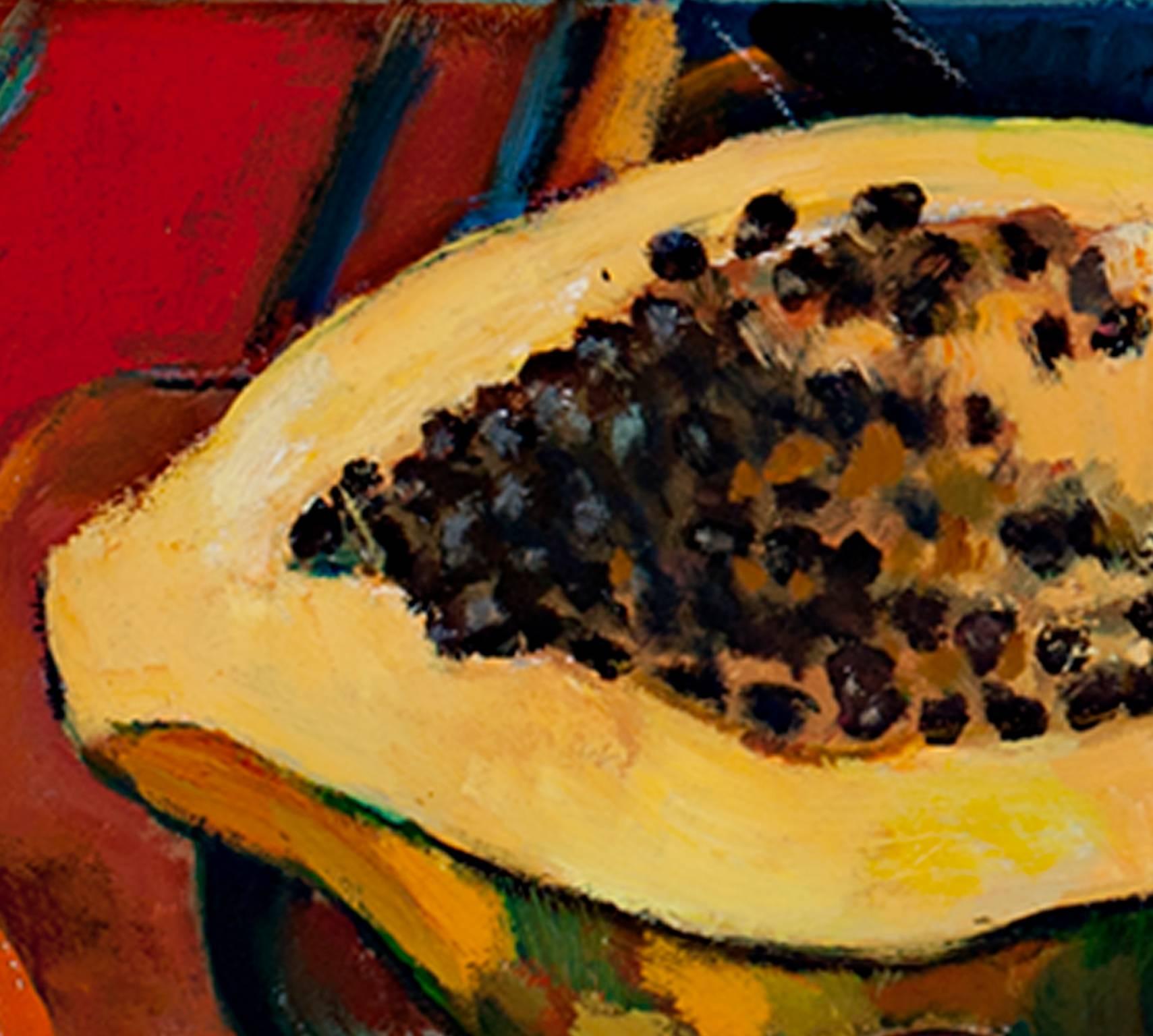 pittura ad olio di natura morta di fine XX secolo con fiori e frutta firmata - Still-Life Painting Nero di Warren Brandt