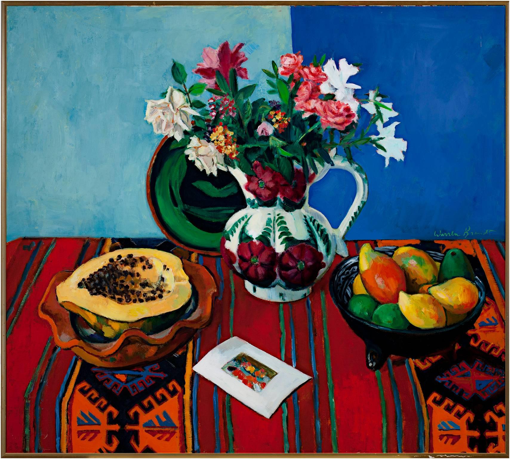pittura ad olio di natura morta di fine XX secolo con fiori e frutta firmata in vendita 1