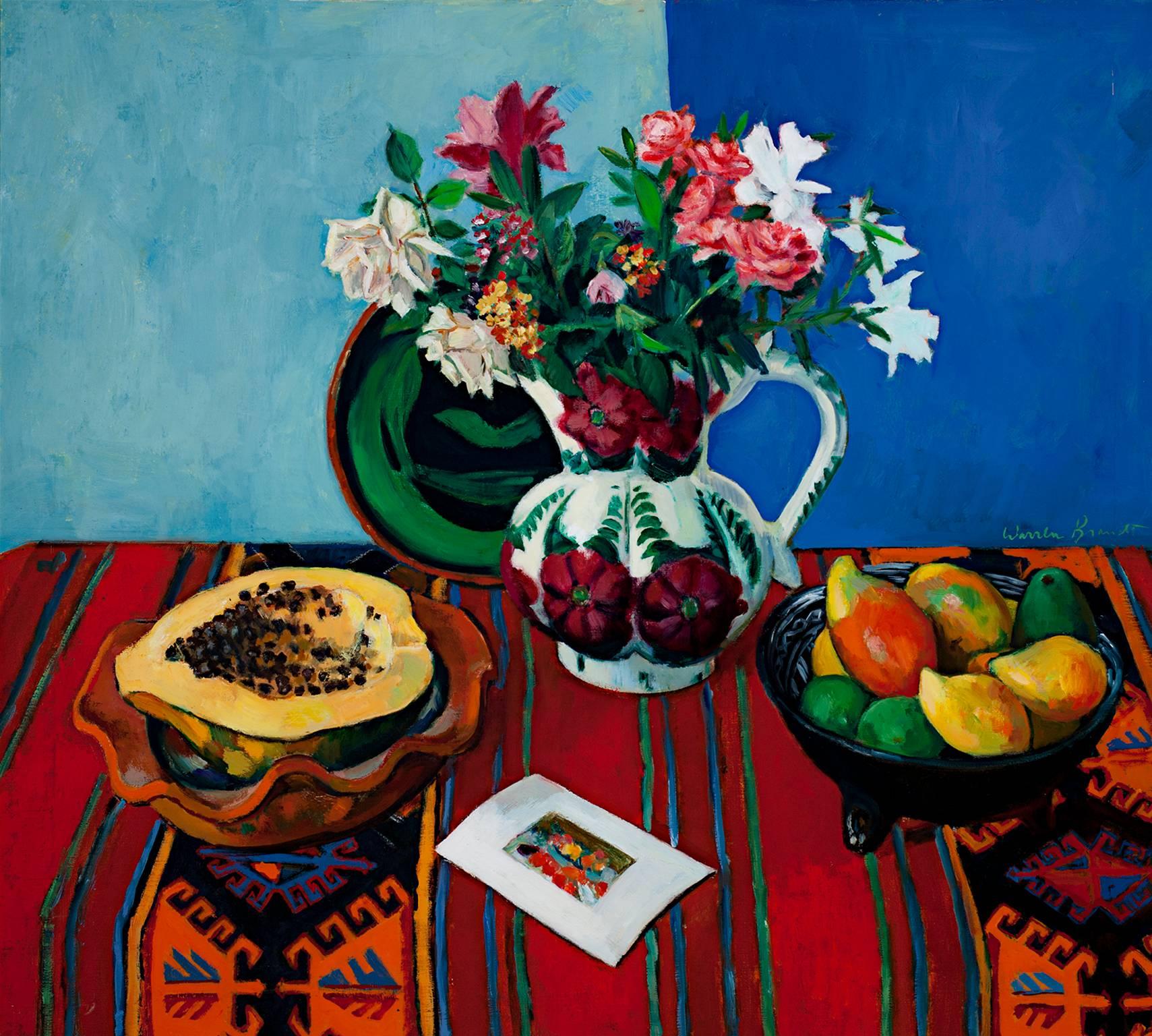 "Papaya & Mexican Pitcher" is an original signed oil painting by Warren Brandt. Brandt, an American painter originally influenced by Abstract Expressionism, became a "child of Matisse" around 1966-67 by adopting the realist mode of he French artist
